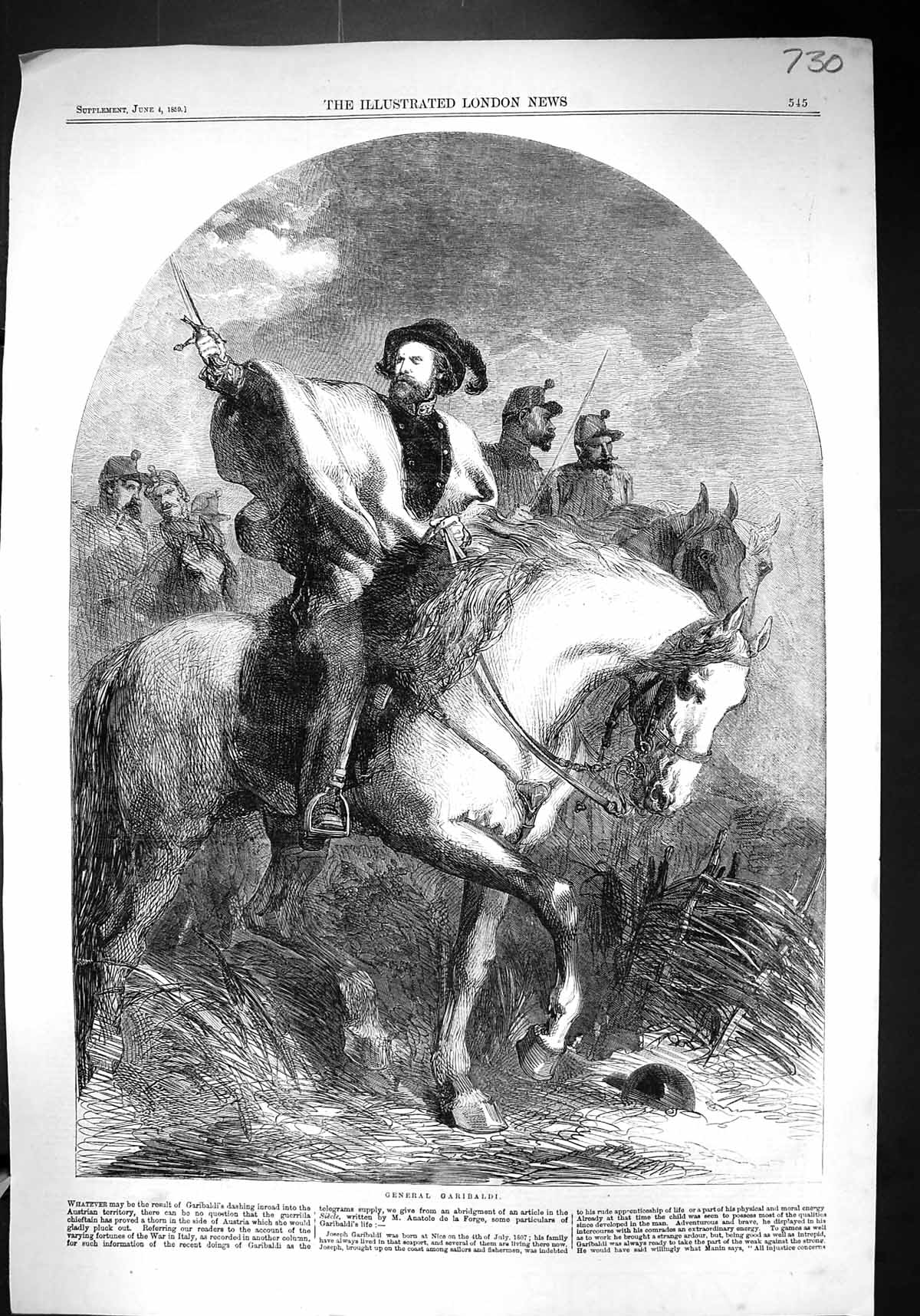 Antique Print 1859 Portrait General Garibaldi War Horse Austrian Territory 19th