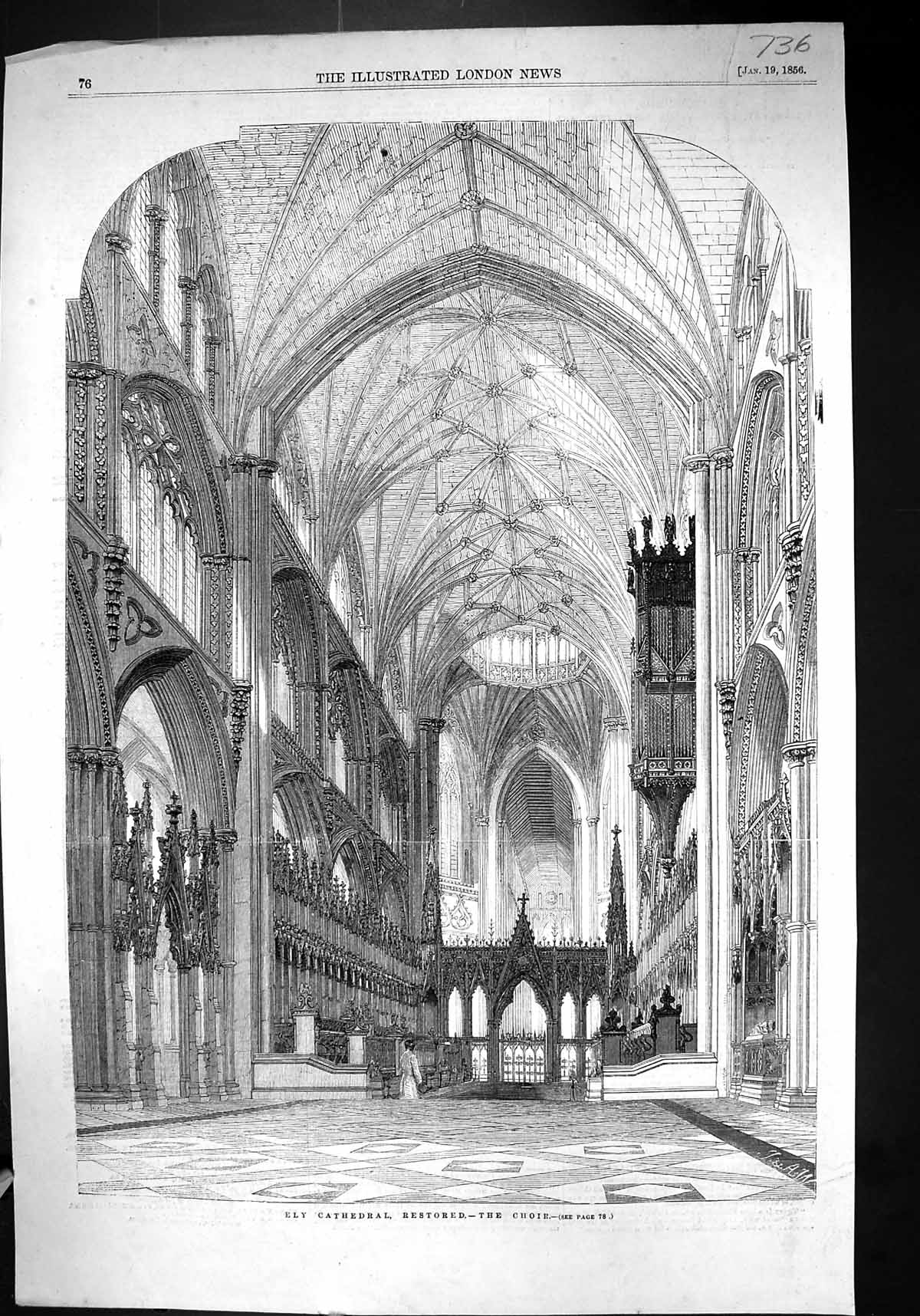 Old Antique Print 1856 Interior Ely Cathedral Restored Choir Architecture 19th