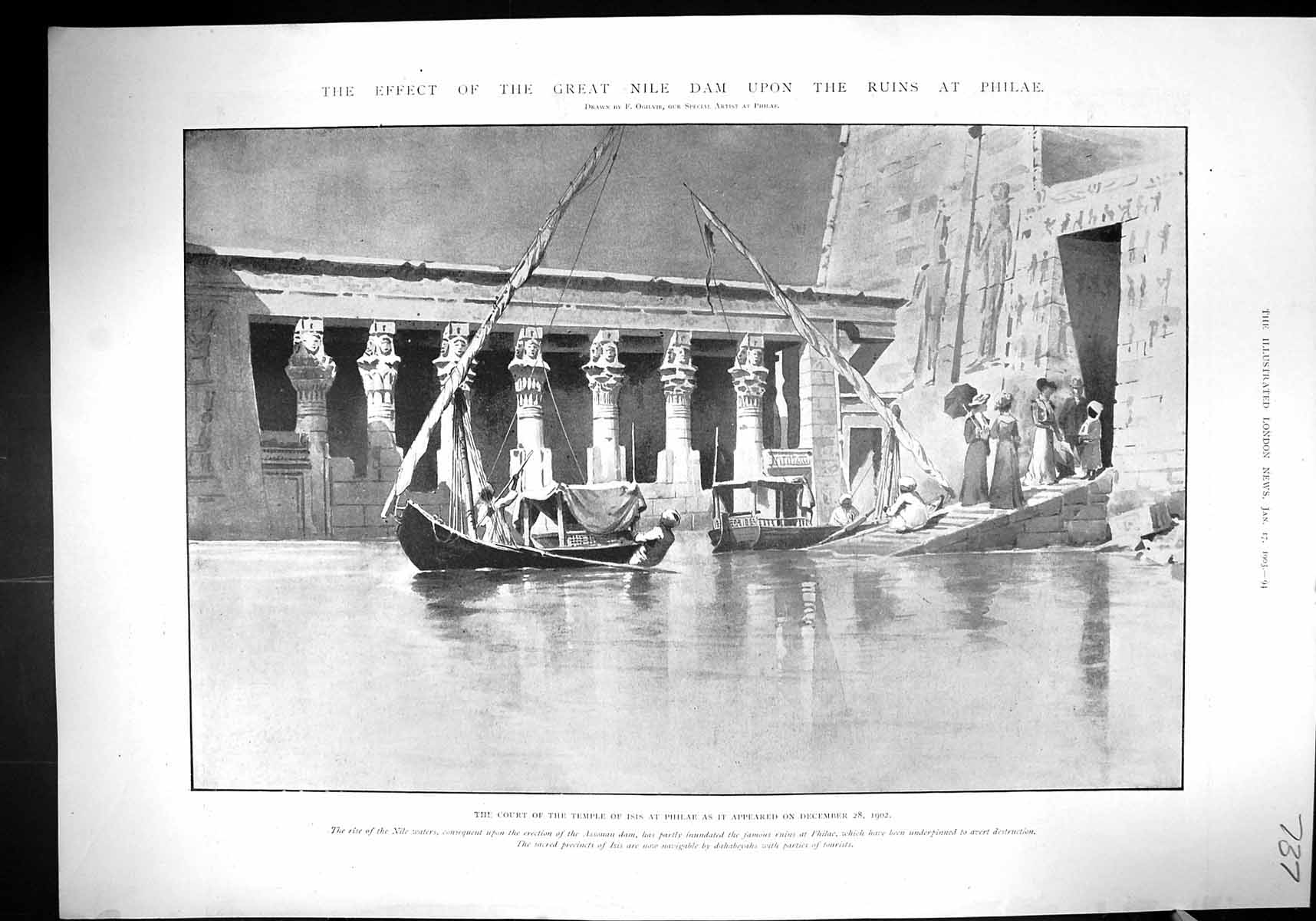 Antique Old Print 1903 Court Temple Isis Nile Dam Ruins Philae Tourists Boats