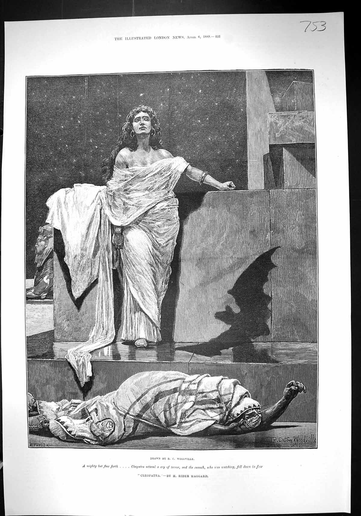 Antique Old Print 1889 Scene Cleopatra Actress Eunuch Woodville Rider Haggard