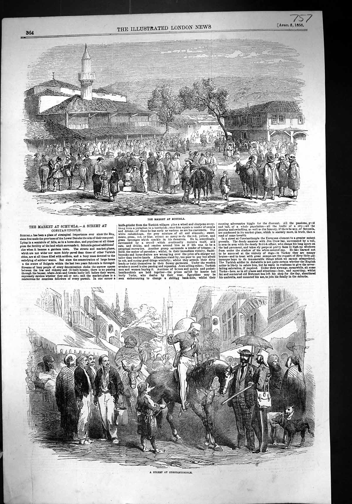Antique Old Print 1856 Market Scene Schumla Street Constantinople Guard Horse