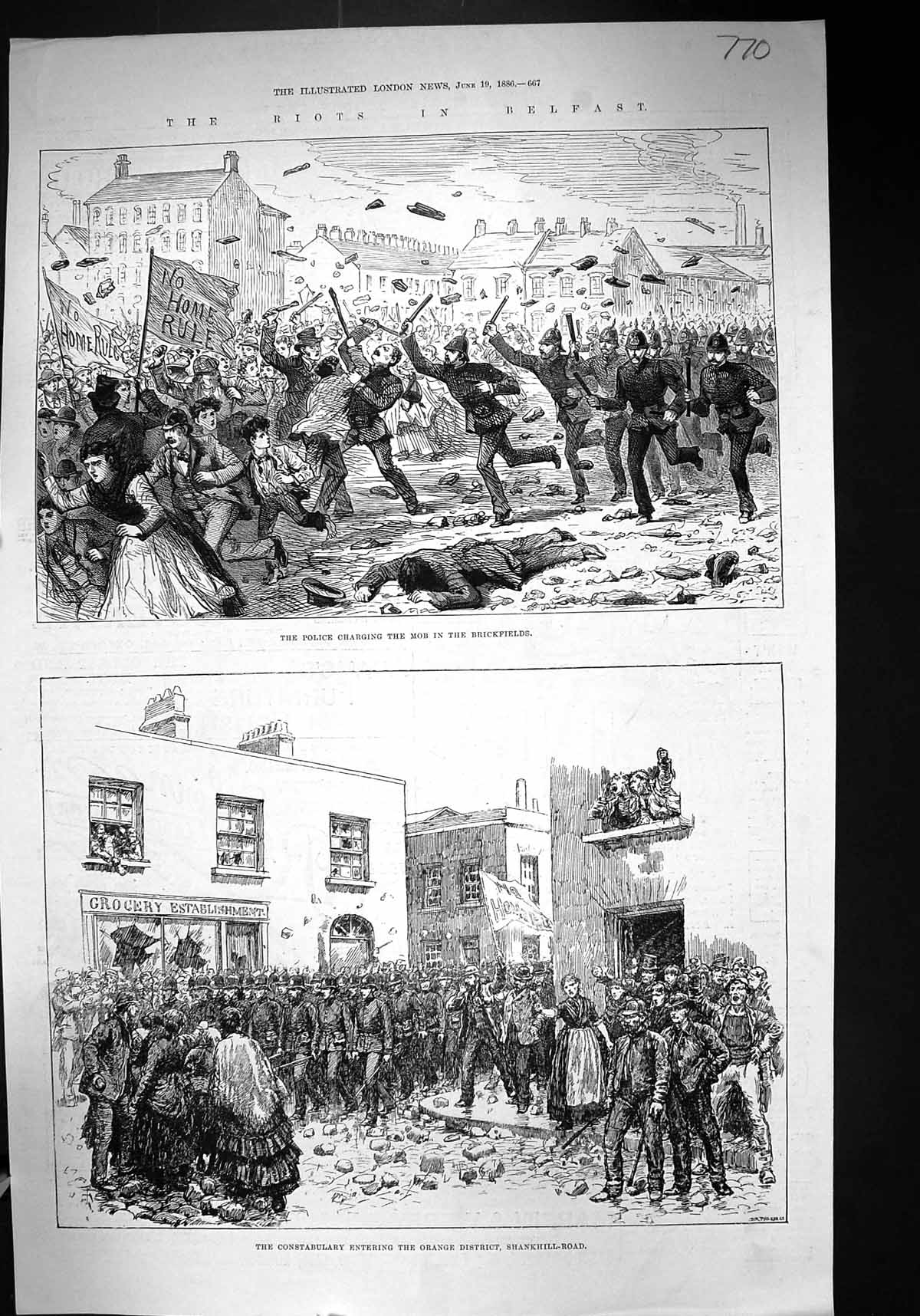 Old 1886 Riots Belfast Police Charging Mob Brickfields Orange Distric Victorian