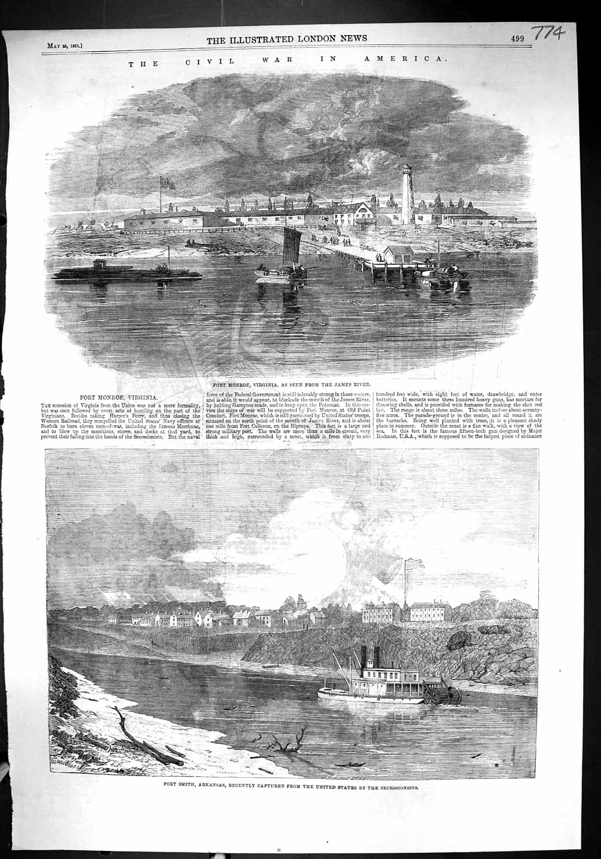 Old 1861 Civil War America Fort Monroe Virginia James River Smith Sec Victorian