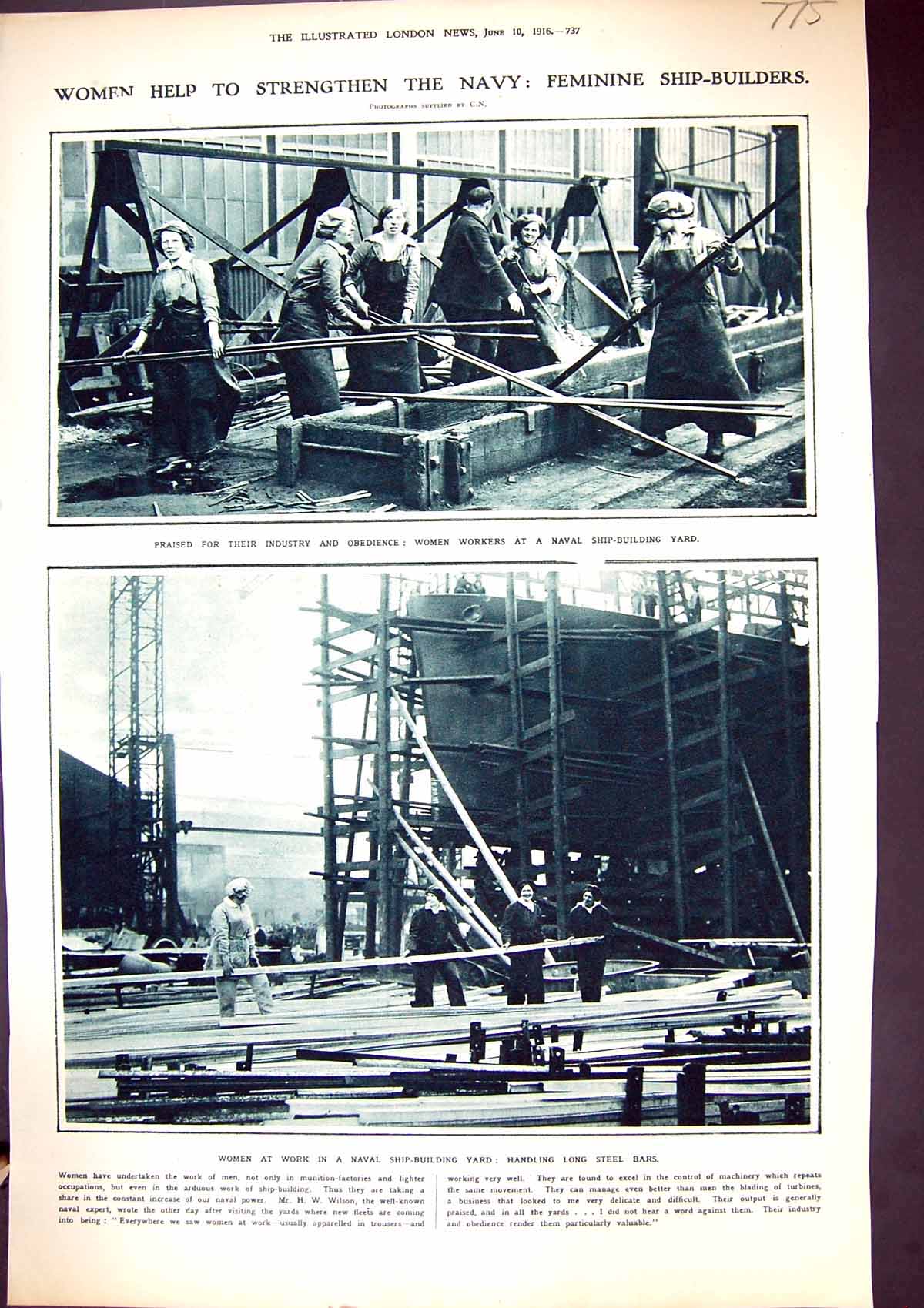 Antique Old Print 1916 Women Workers Ship Building Navy War Wilson Photograph