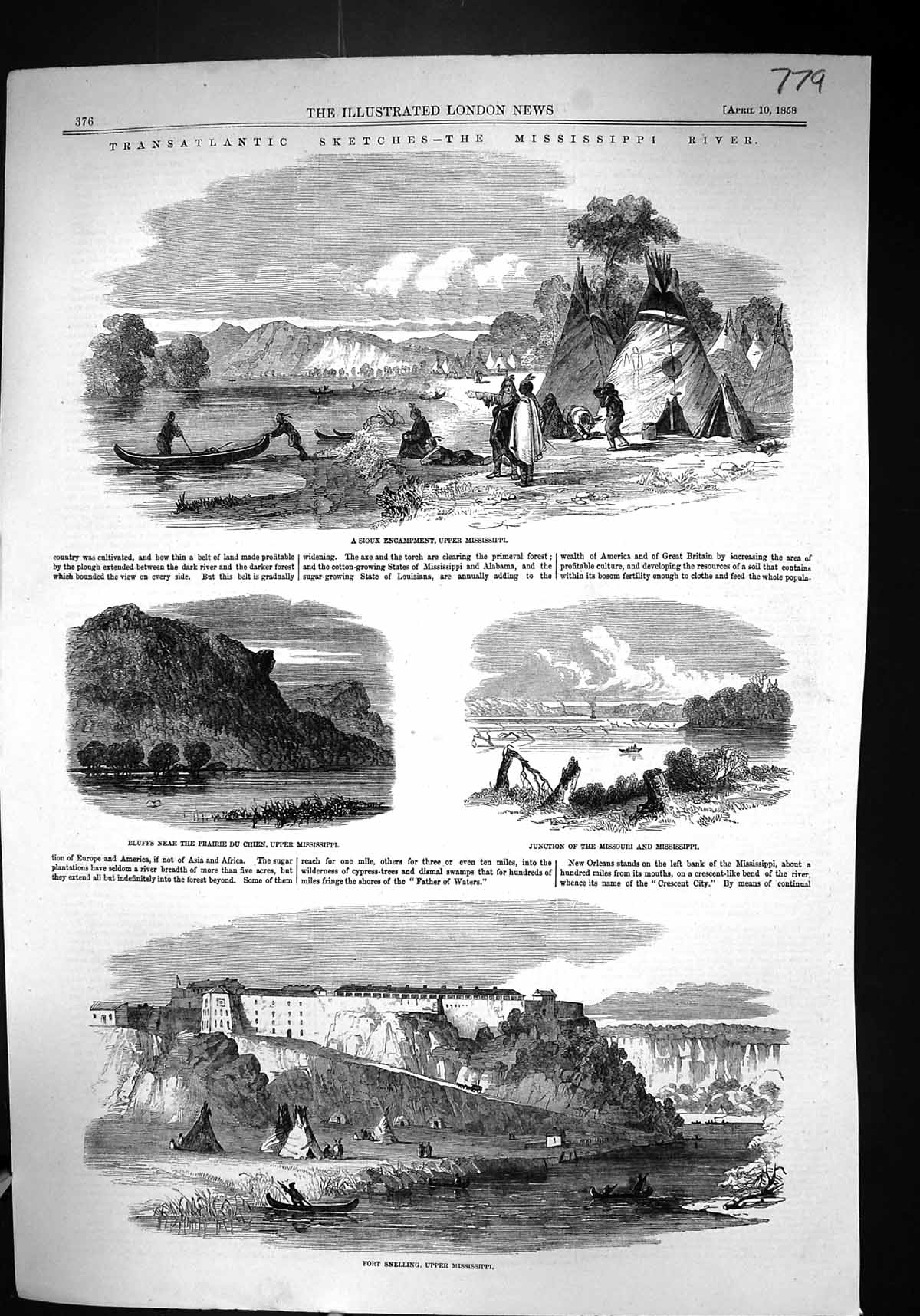 Old *6042 1858 Mississippi River Sioux Encampment Fort Snelling Bluff