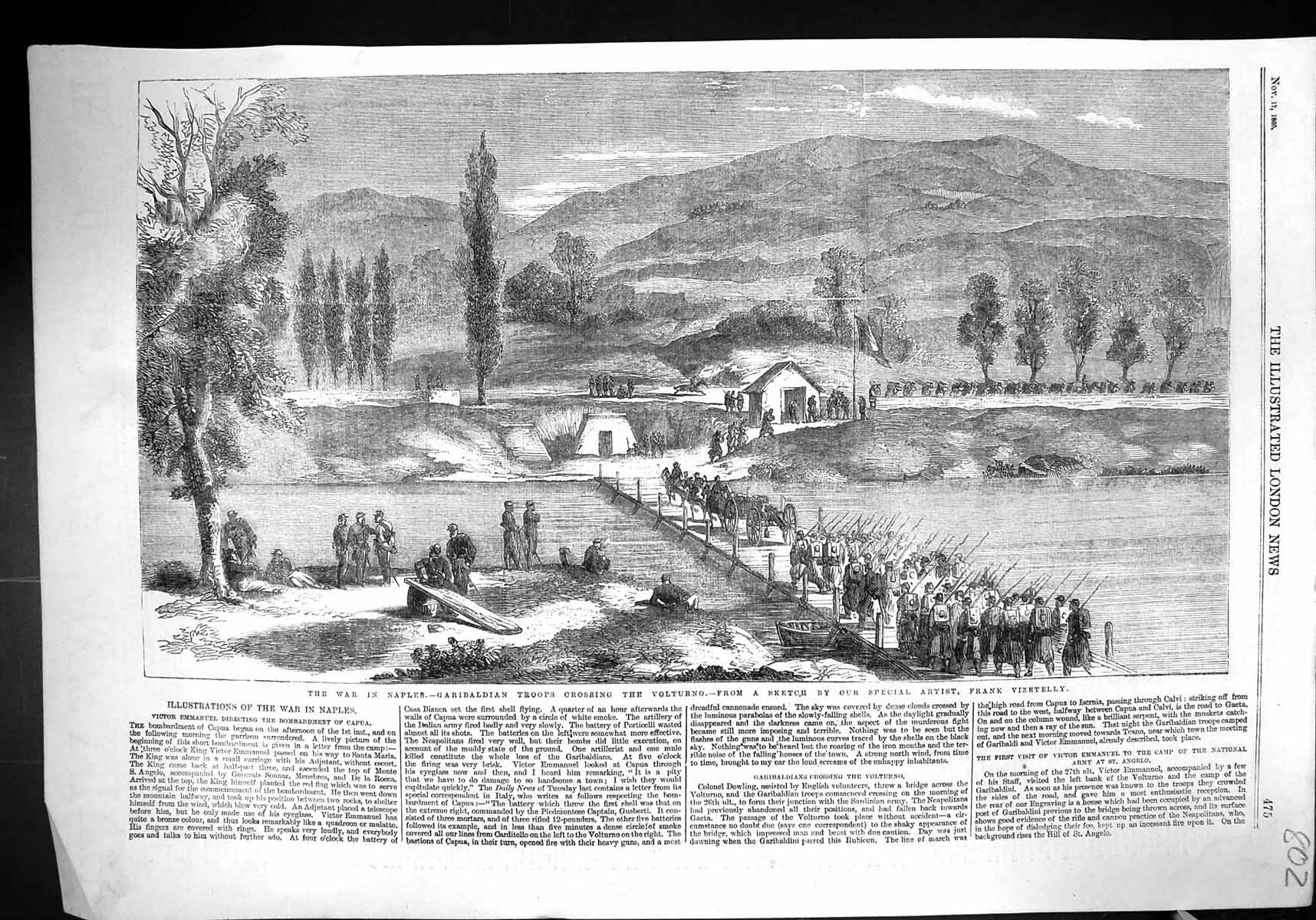 Old Print 1860 War Naples Garibaldian Troops Siers Crossing Volturno Riv 19th