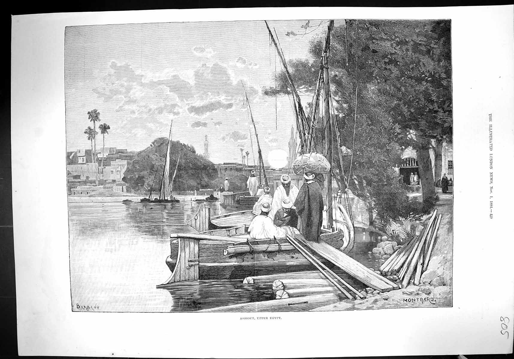 Antique Print 1884 Montbard Fine Art Scene Assiout Upper Egypt River Boats 19th