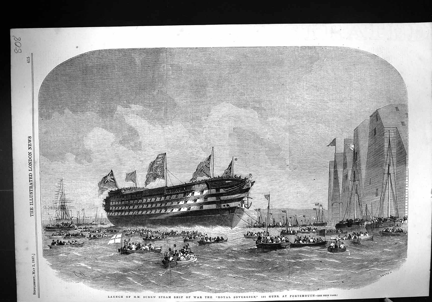 Old 1857 Scene Launch H.M. Screw Steam Ship War Royal Sovereign Ports Victorian
