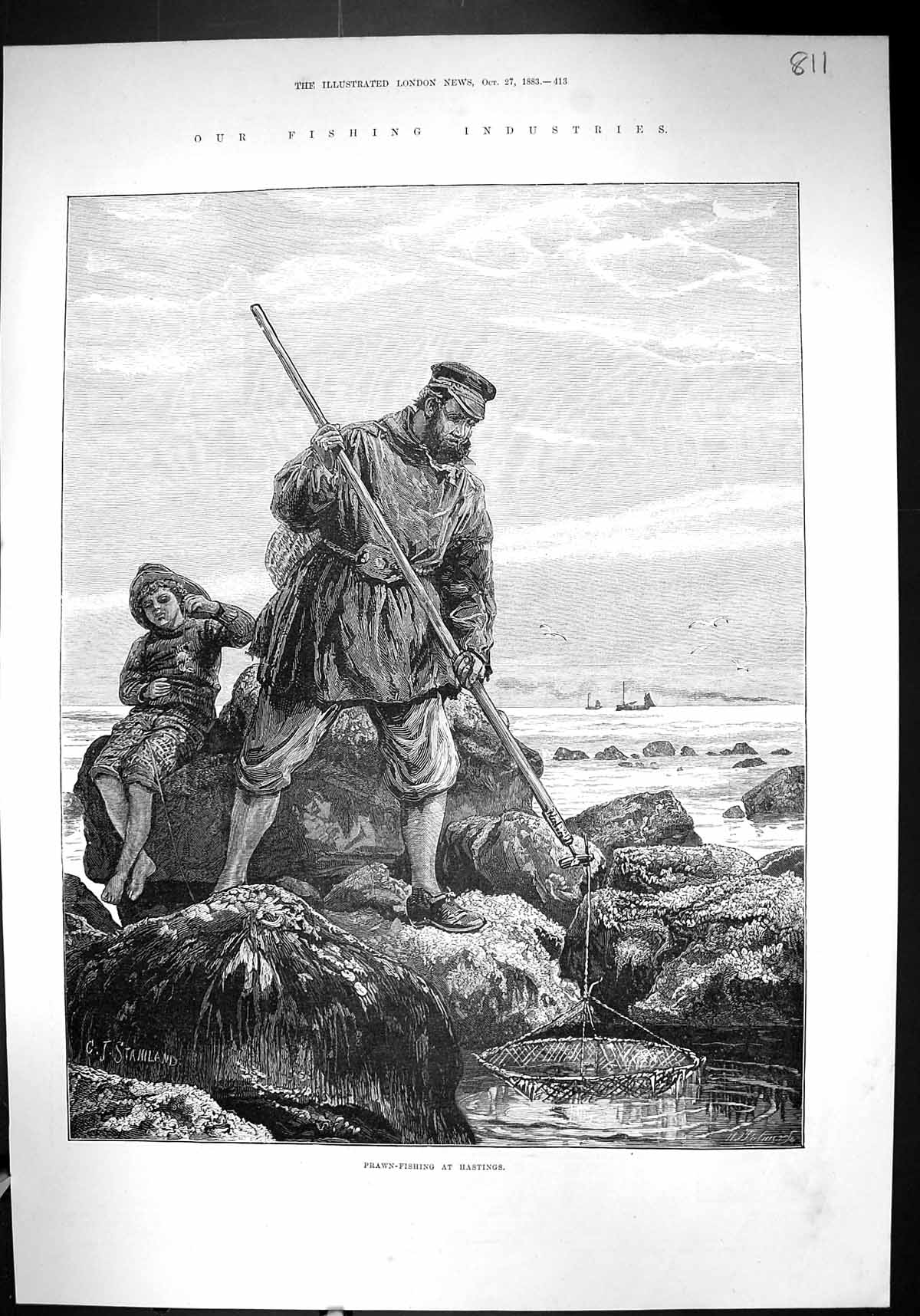 Old Print 1883 Prawn Fishing Hastings Fisherman Net Sea Industry Fine Art 19th