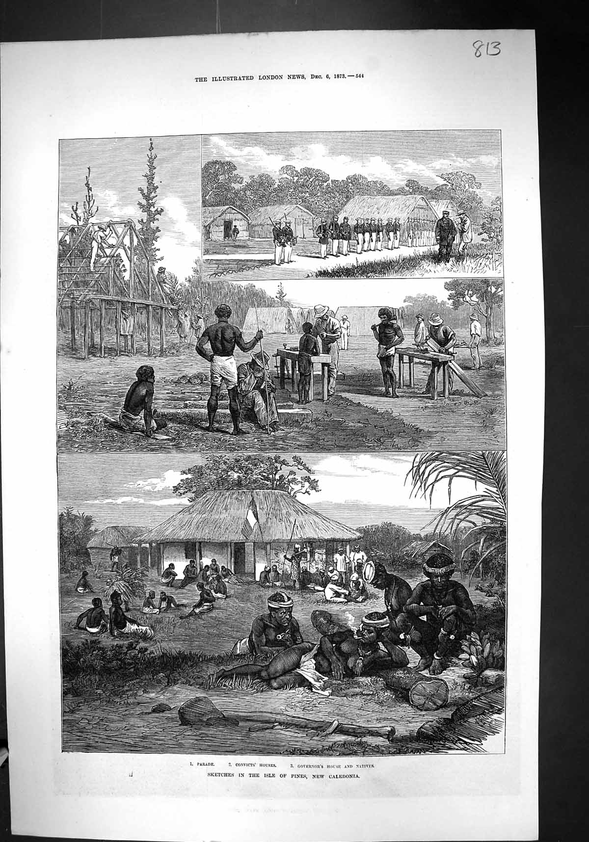 Old Print 1873 Isle Pines New Caledonia Governors House Natives Convicts 19th