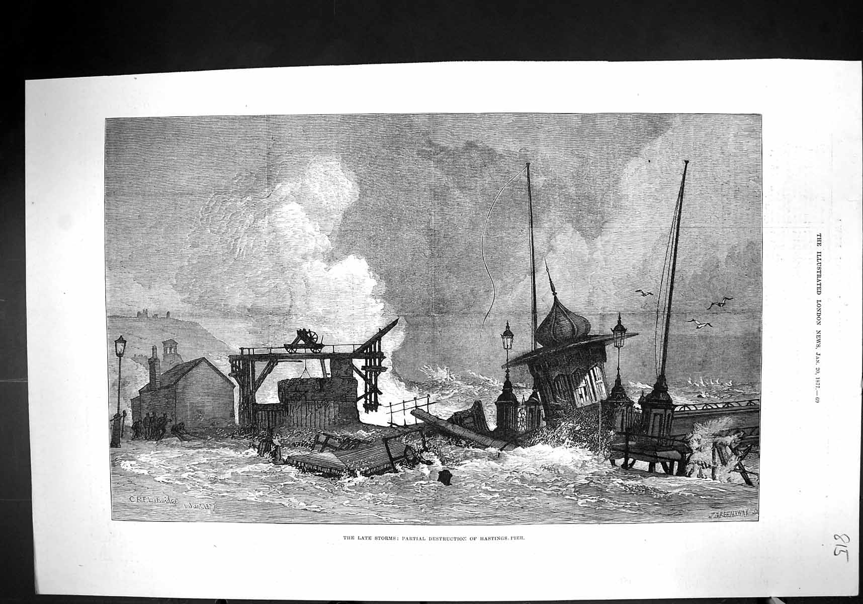 Old 1877 Storm Scene Partial Destruction Hastings Pier England Fine A Victorian