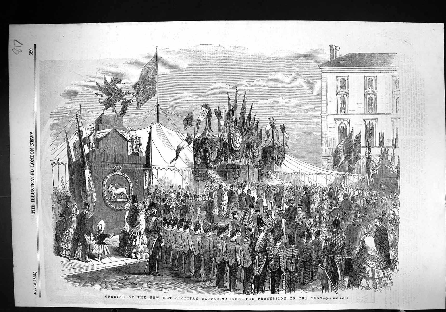 Antique Old Print 1855 Opening Scene Metropolitan Cattle Market Procession 19th