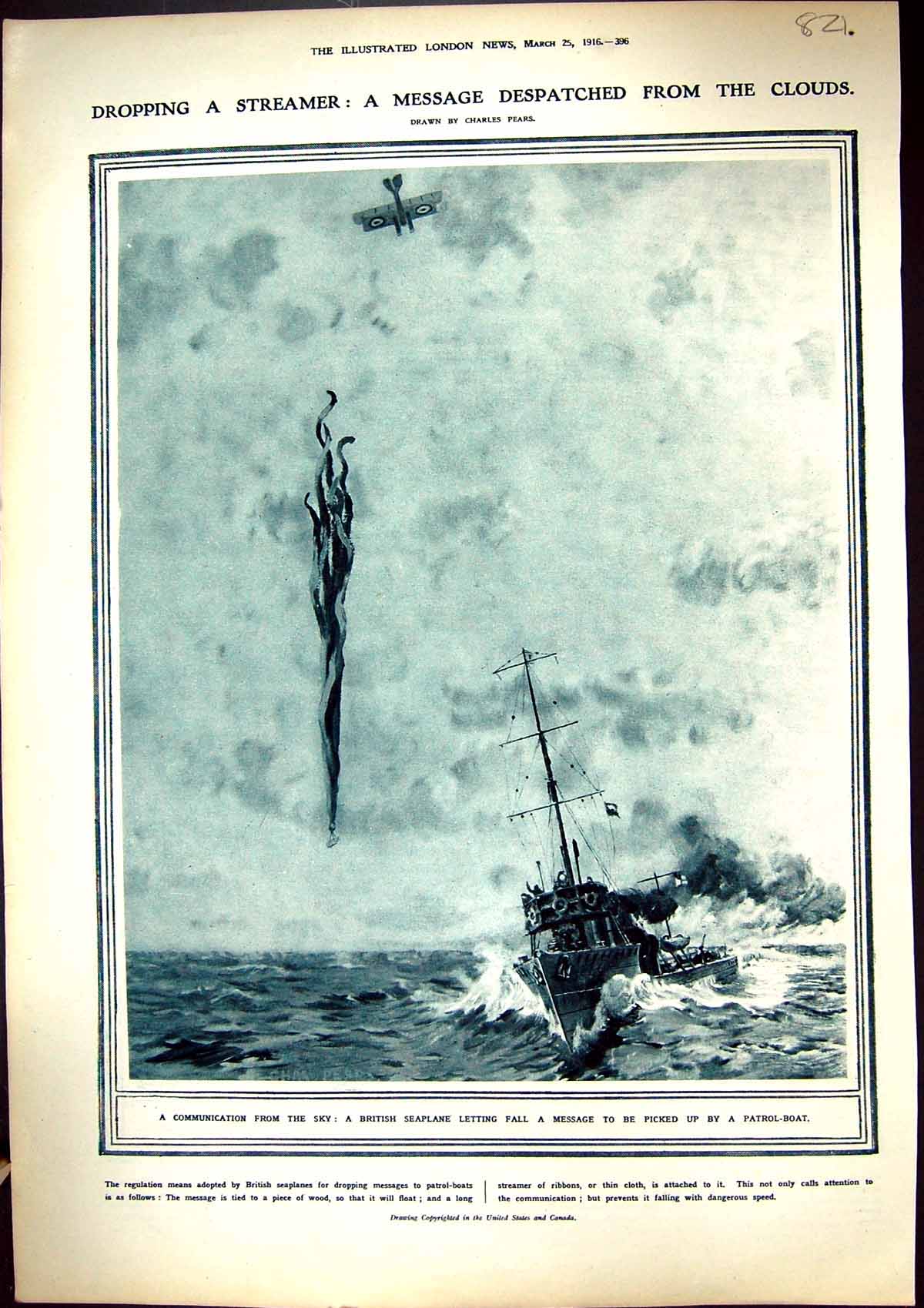 Old Antique Print 1916 War British Seaplane Message Ribbons Patrol Boat 20th
