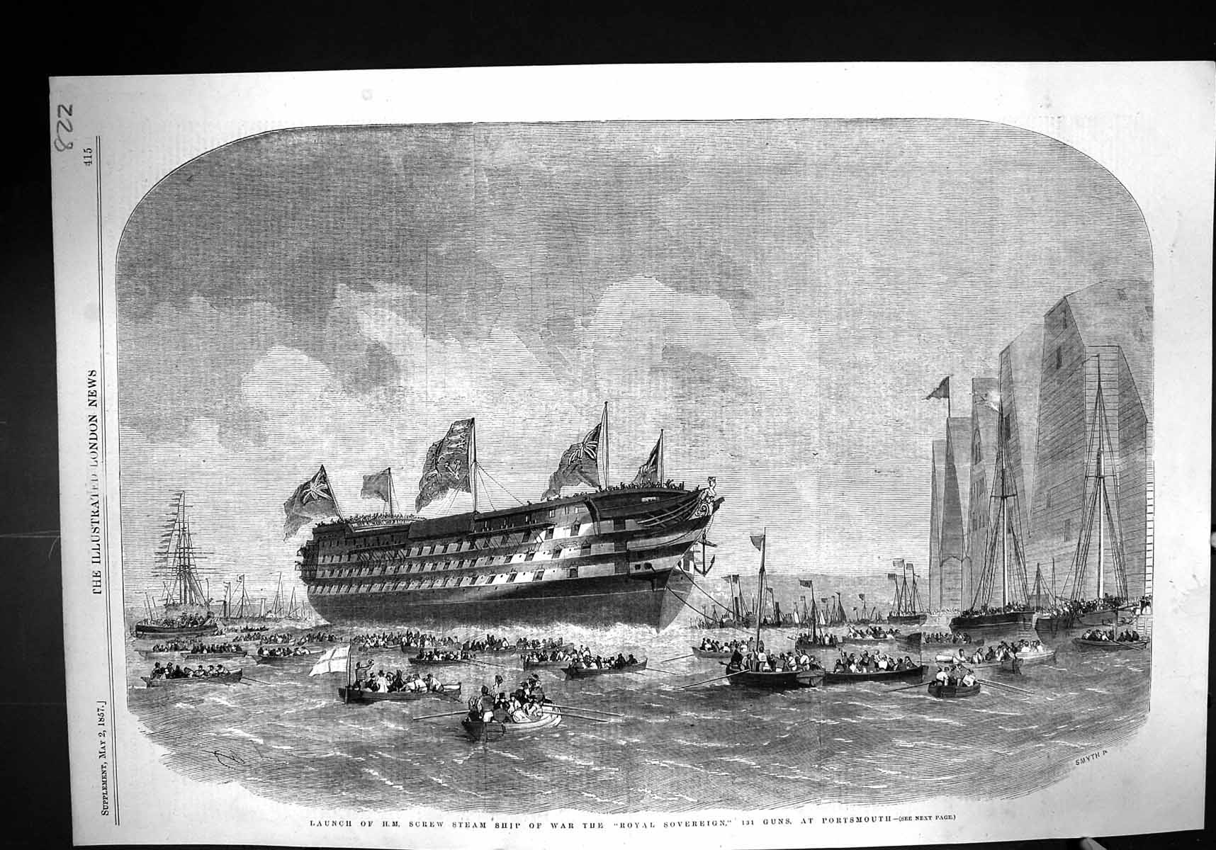 Old 1857 Scene Launch H.M. Screw Steam Ship Royal Sovereign Portsmout Victorian