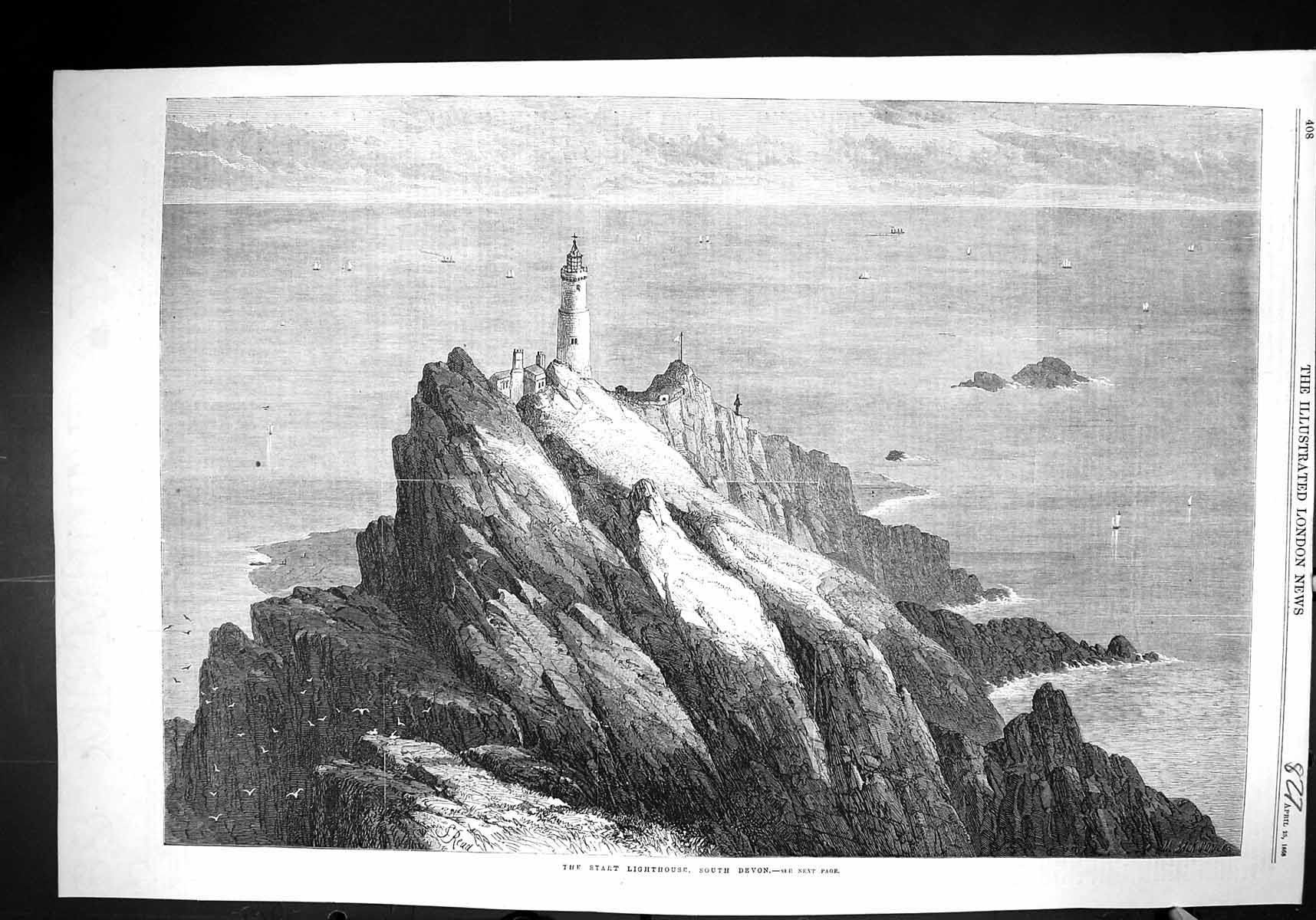 Old 1868 Bird'S-Eye-View Start Lighthouse South Devon England Fine Ar Victorian