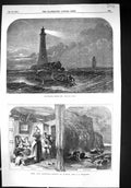 Old 1856 Christmas Scene Lighthouse Ship Rescue Boat Home Castaway Re Victorian