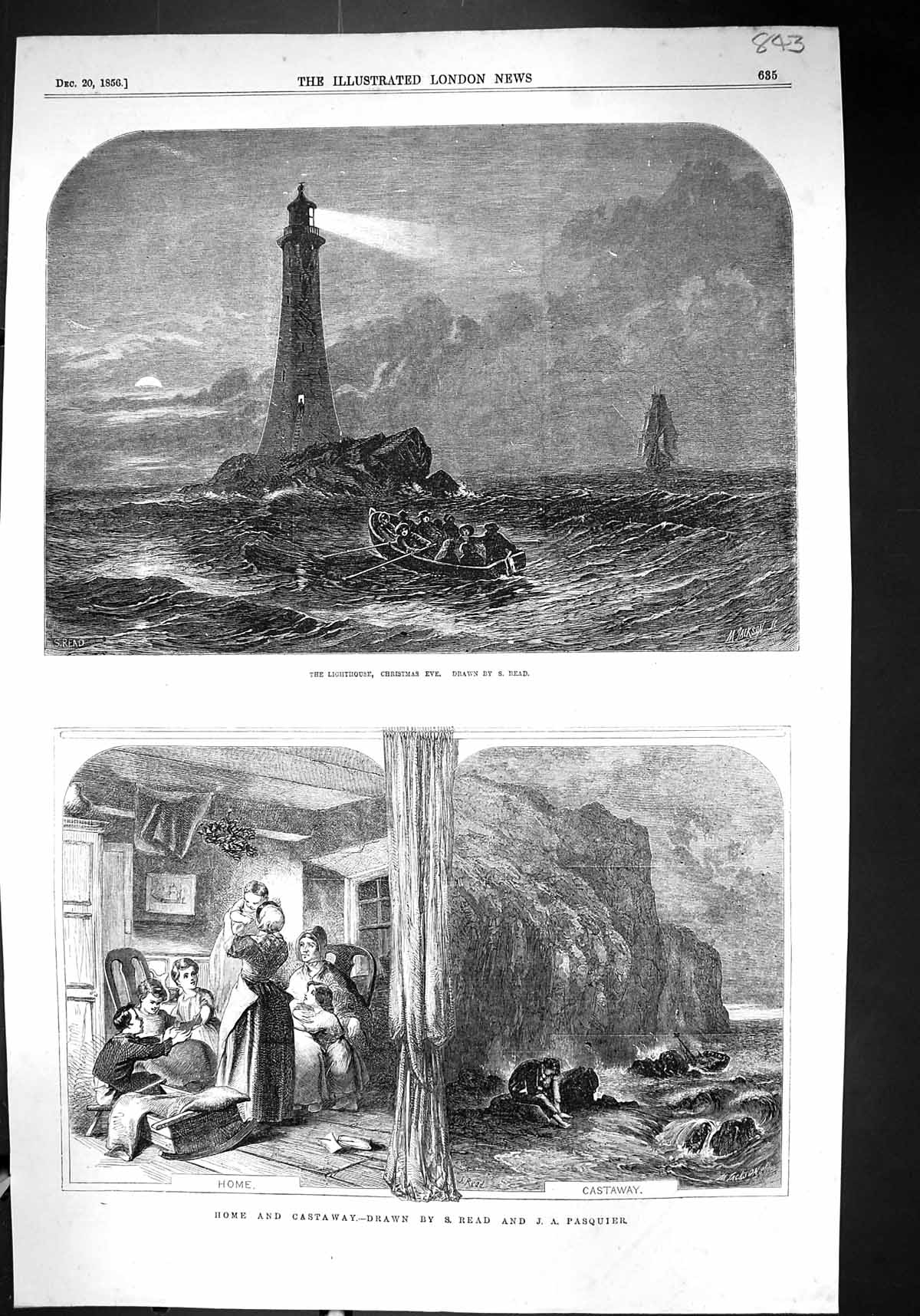 Old 1856 Christmas Scene Lighthouse Ship Rescue Boat Home Castaway Re Victorian