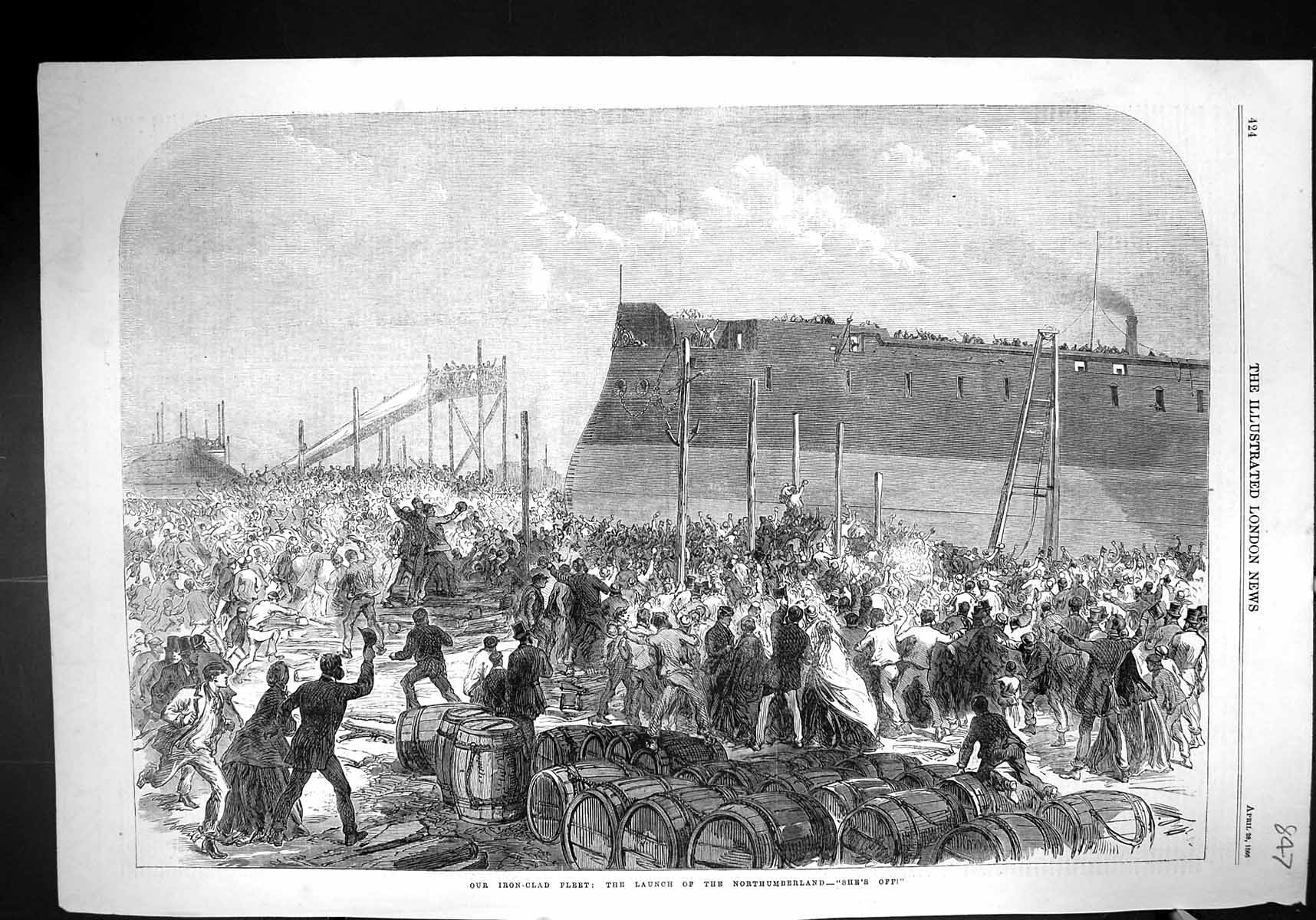 Antique Print 1866 Iron-Clad Fleet Ships Launch Northumberland Celebrations
