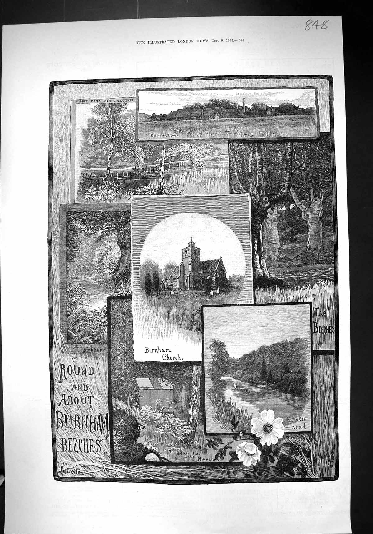 Old Print 1883 Burnham Beeches Church Maidenhead Town Artist Hut Fine Art 19th