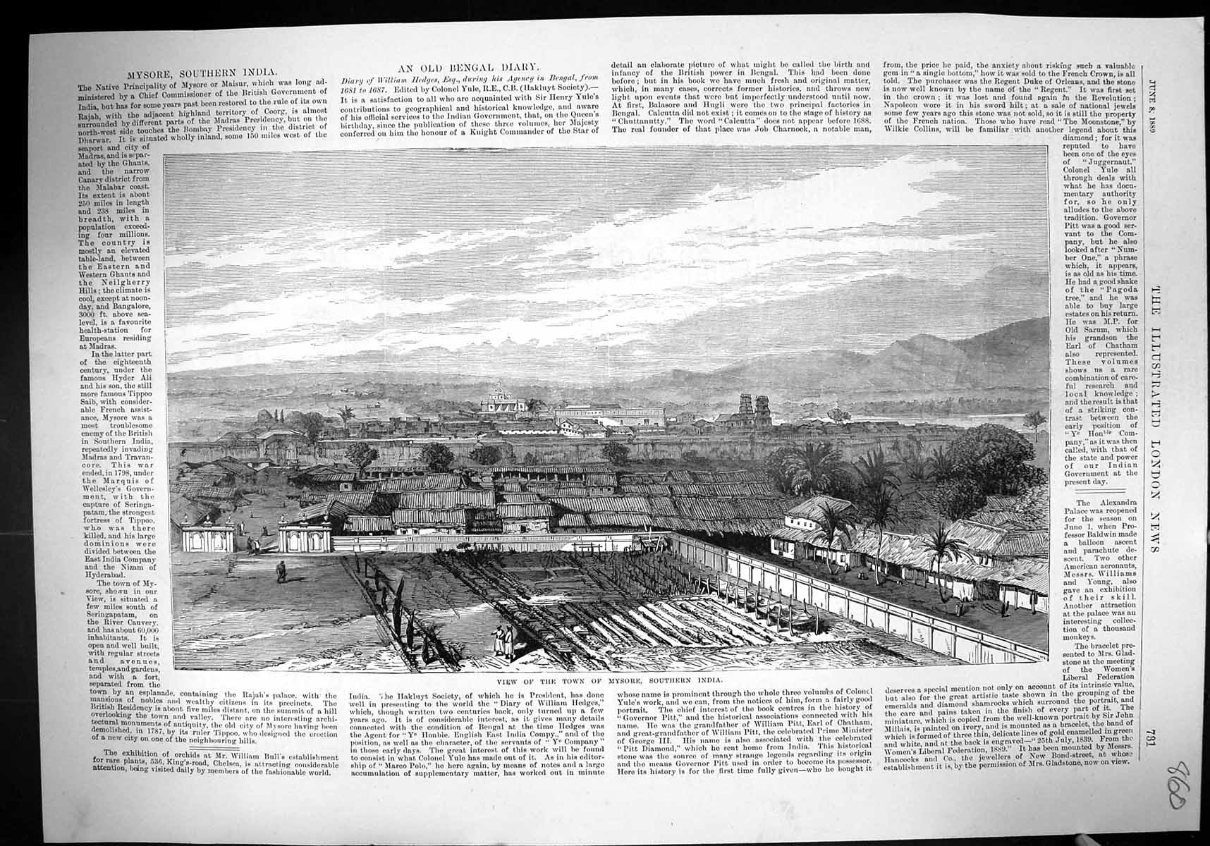 Original Old Antique Print 1889 View Town Mysore India Mountains Buildings 19th