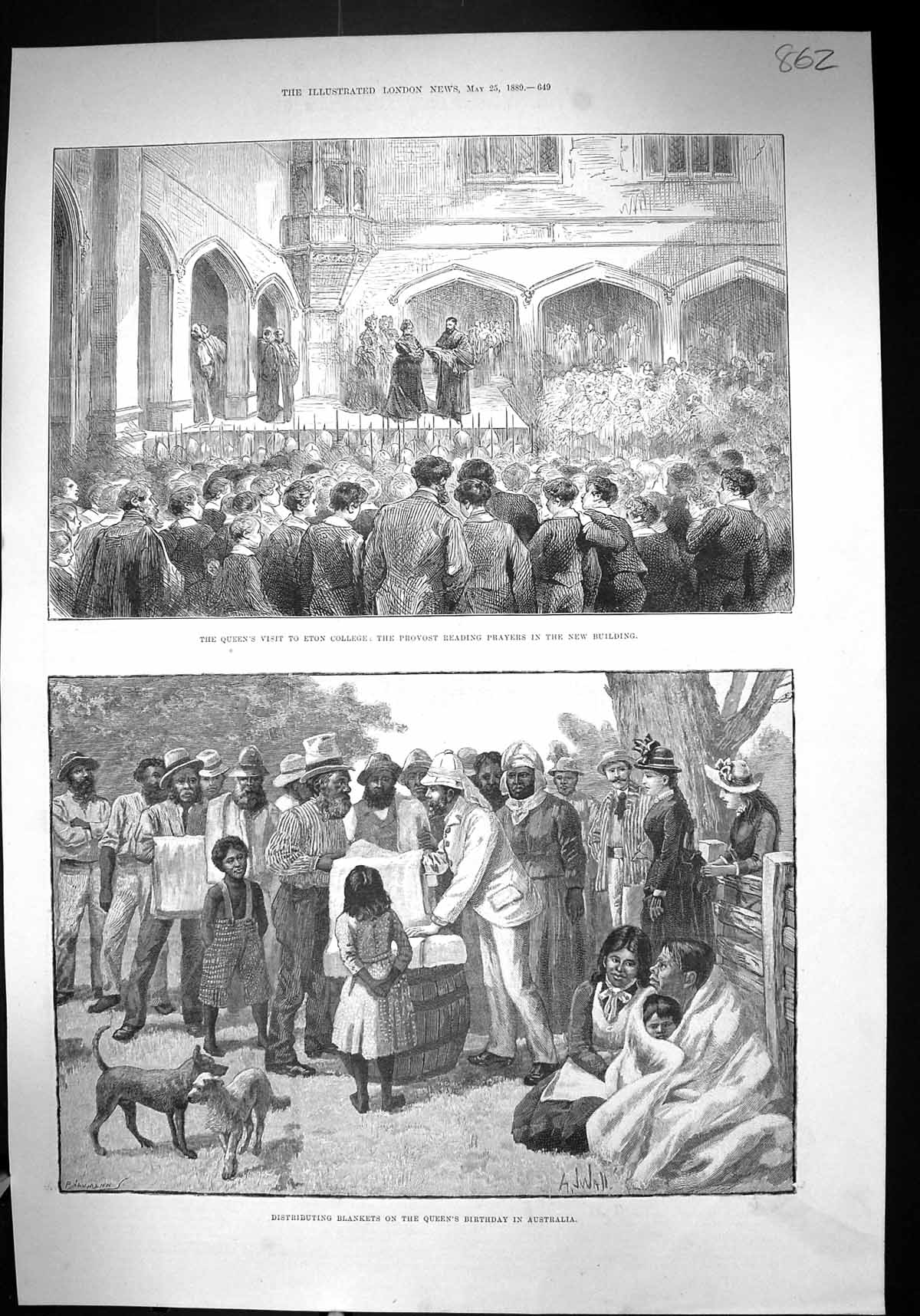 Old Print 1889 Queen Eton College Provost Distributing Blankets Australia 19th