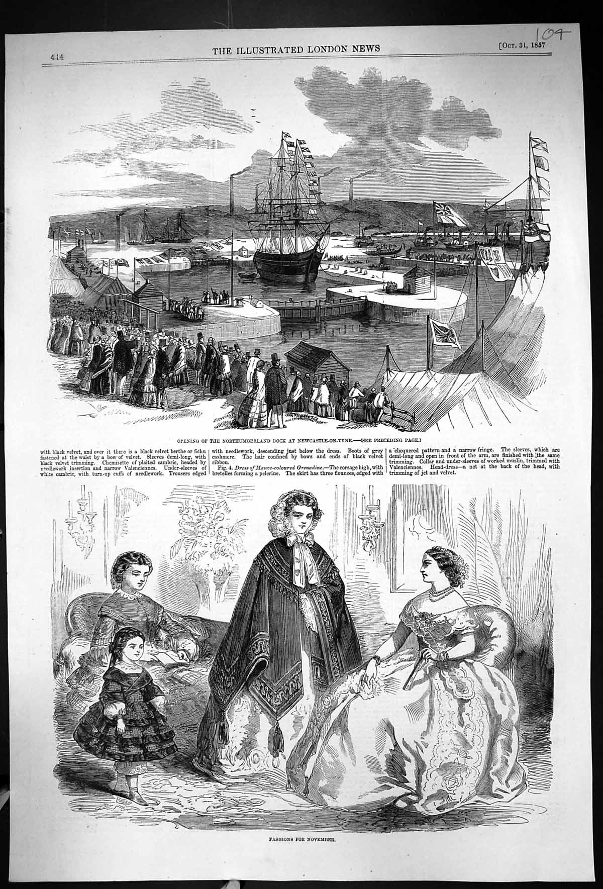 Old 1857 Opening Northumberland Dock Newcastle-On-Tyne Ships Ladies F Victorian