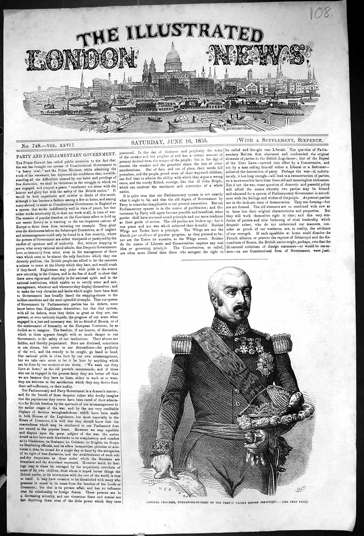 Old 1855 General Pelissier Commander-In-Chief French Army Sebastopol Victorian