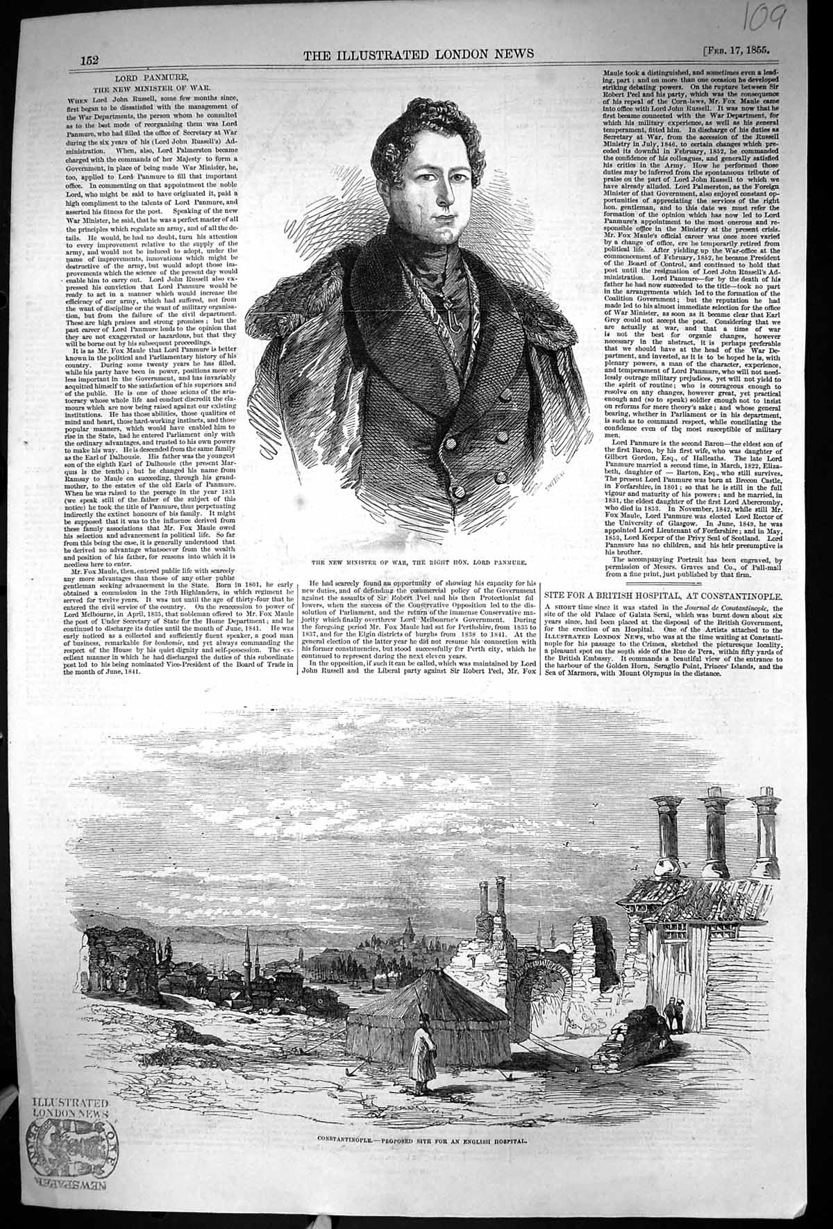 Old Print 1855 Minister War Lord Panmure Constantinople English Hospital 19th