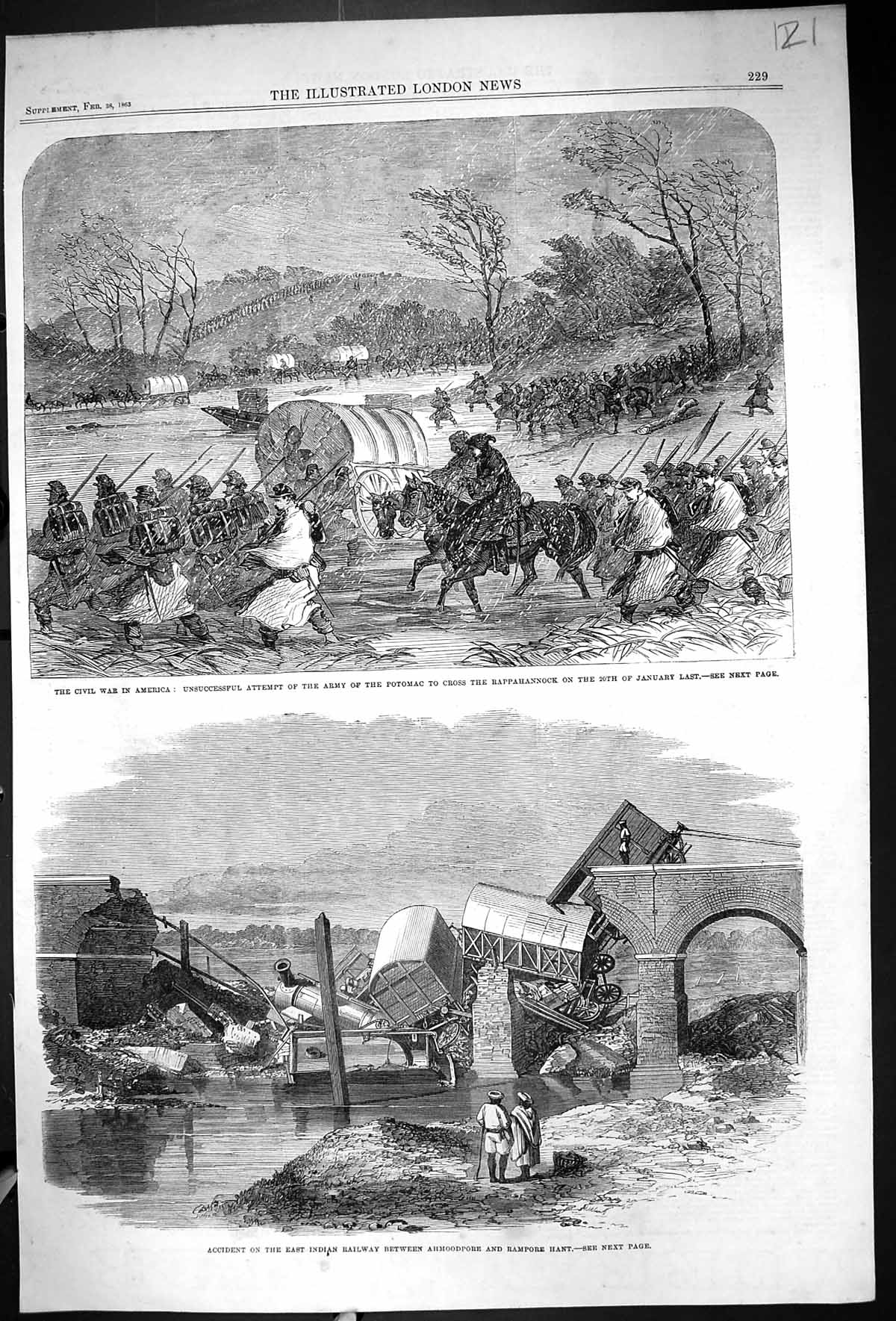 Antique Print 1863 Civil War America Siers Potomac Rappahannock Train Crash