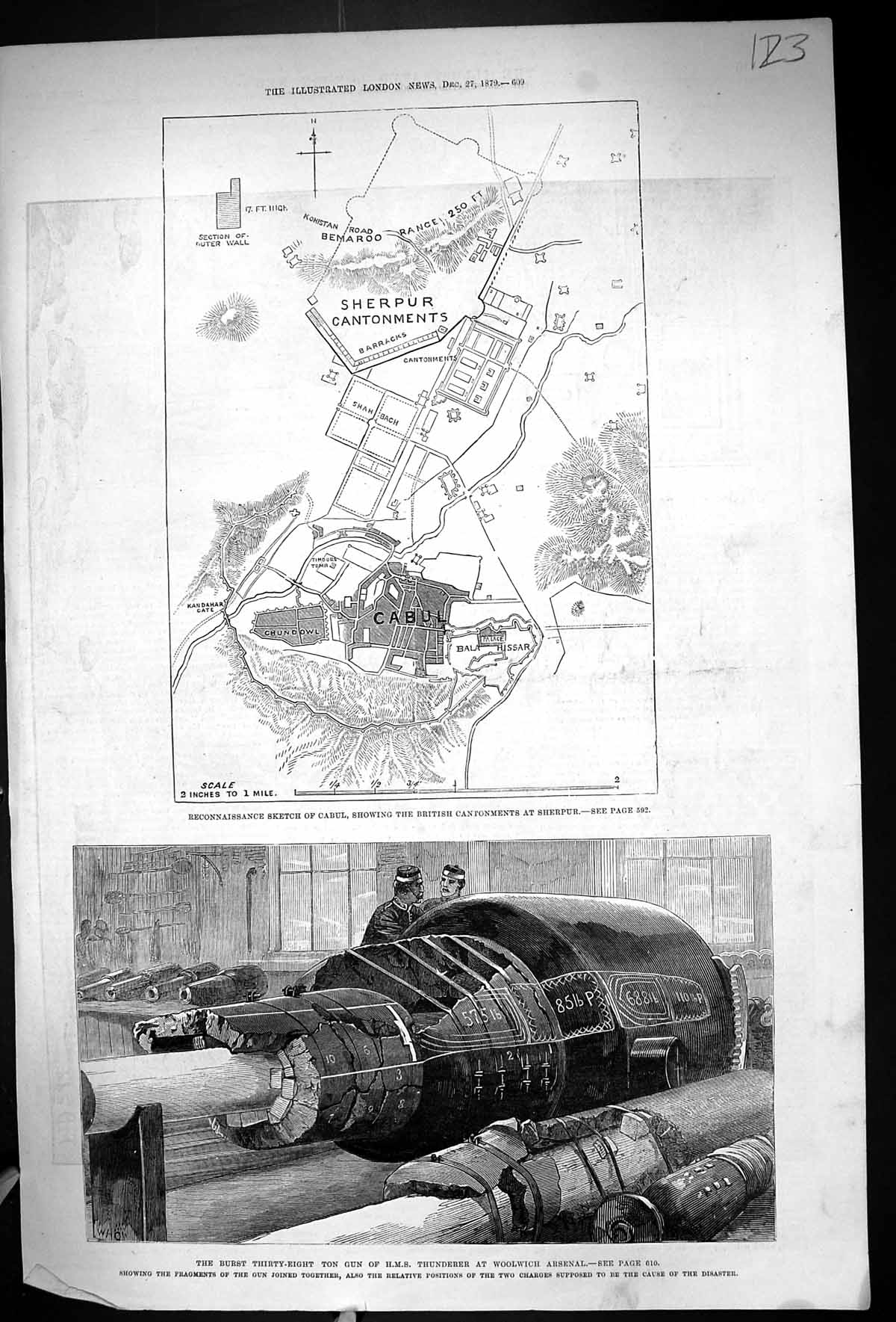 Old 1879 Map Cabul British Cantonments Sherpur War Gun Ship Thunderer Victorian