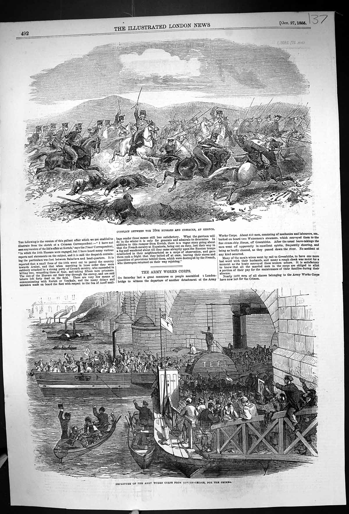 Old 1855 War Battle Hussars Cossacks London Bridge Crimea War Plan Ni 19th