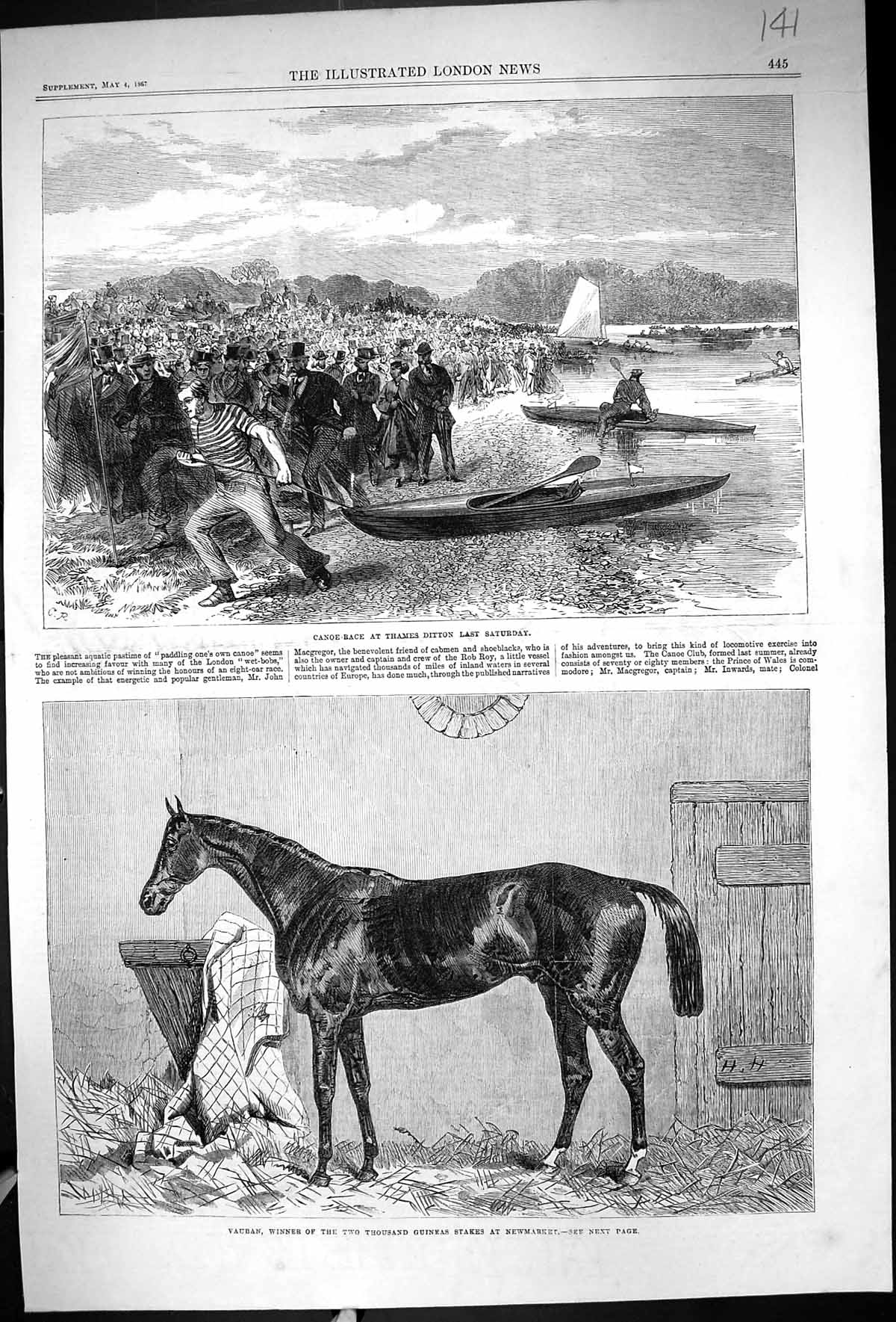 Old 1867 Canoe Race Thames Ditton Vauban Horse Newmarket Plan Sham Fi 19th