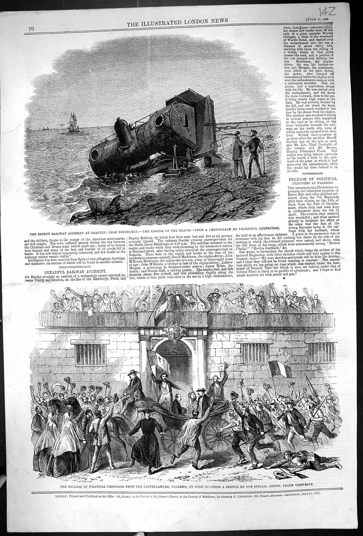 Old 1869 Train Crash Granton Edinburgh Prisoners Castellamare Palermo 19th