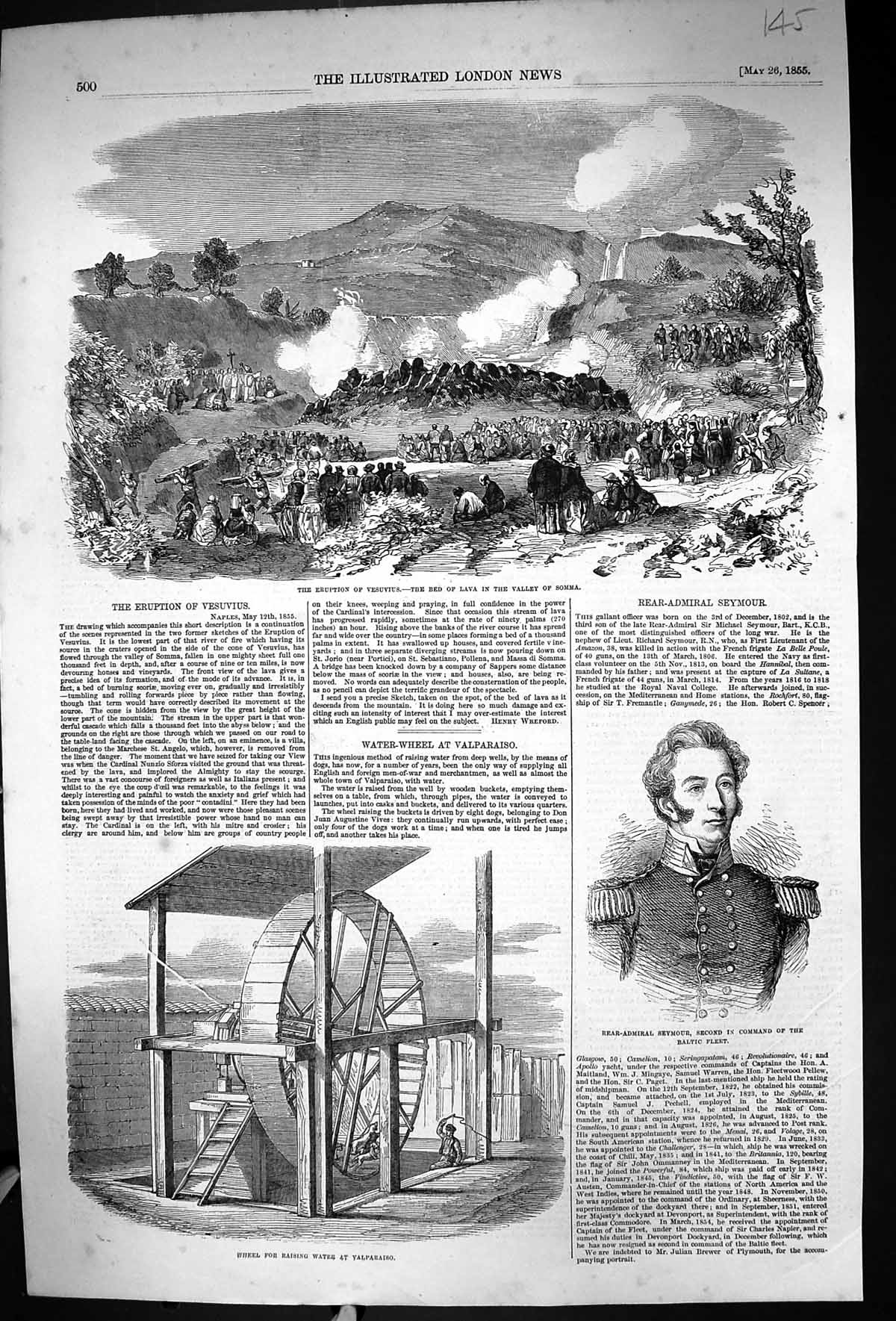 Old 1855 Mount Vesuvius Volcano Seymour Water Wheel Valparaiso War Wi 19th