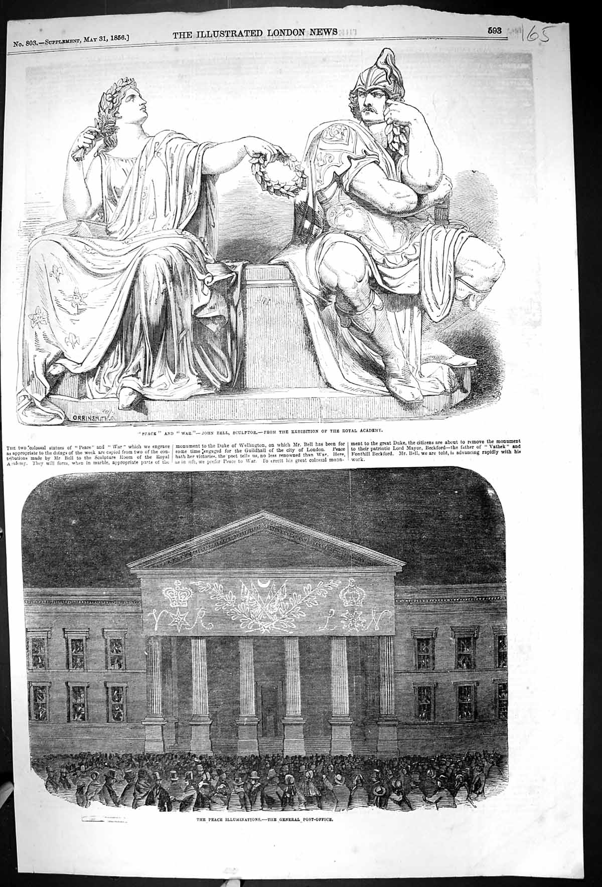 Old 1856 Peace Wal John Bell Sculptor Post Office Illuminations Paris 19th