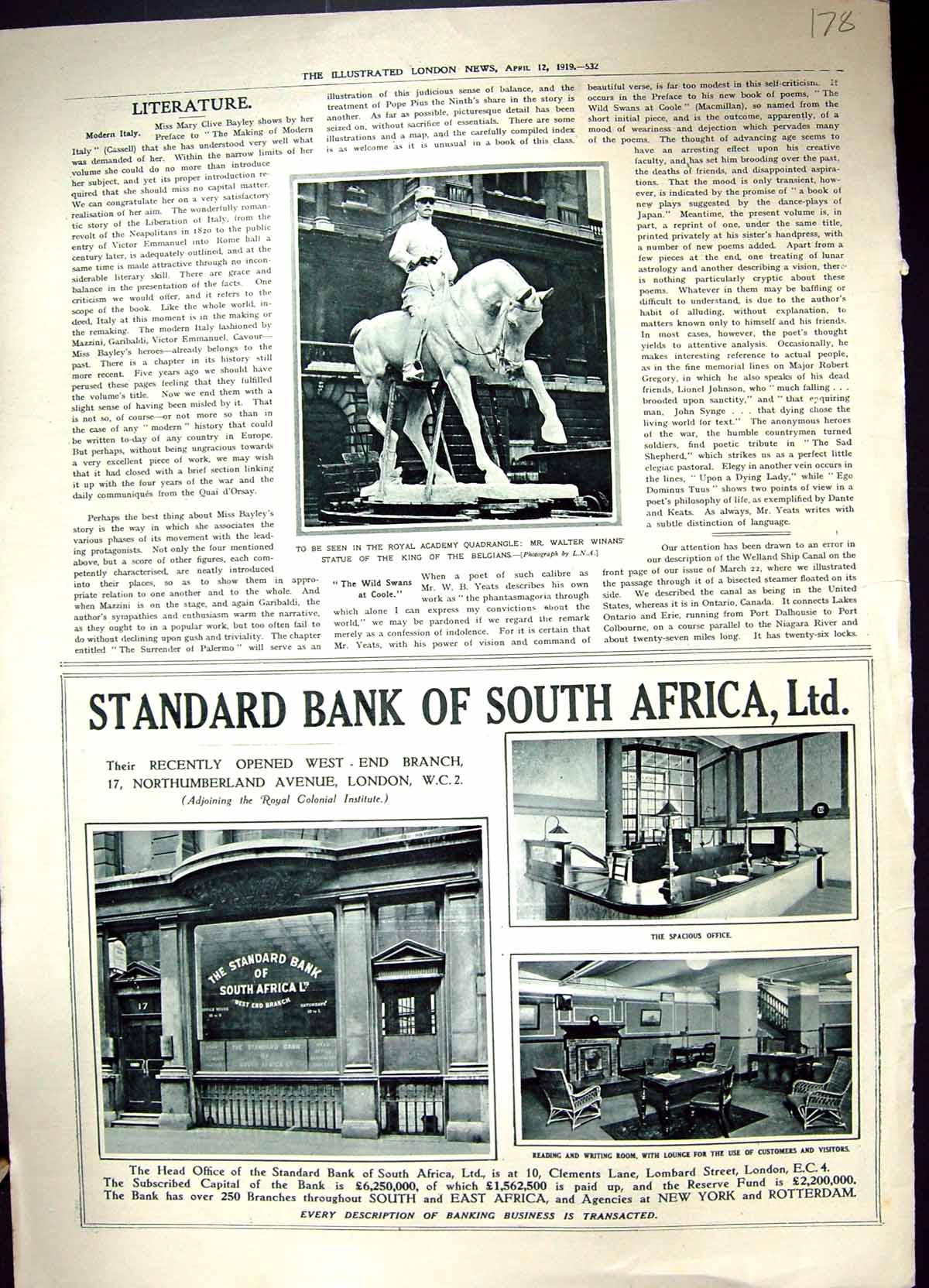 Old 1919 Statue King Belgians Bank South Africa Tootal Broadhurst Fab 20th