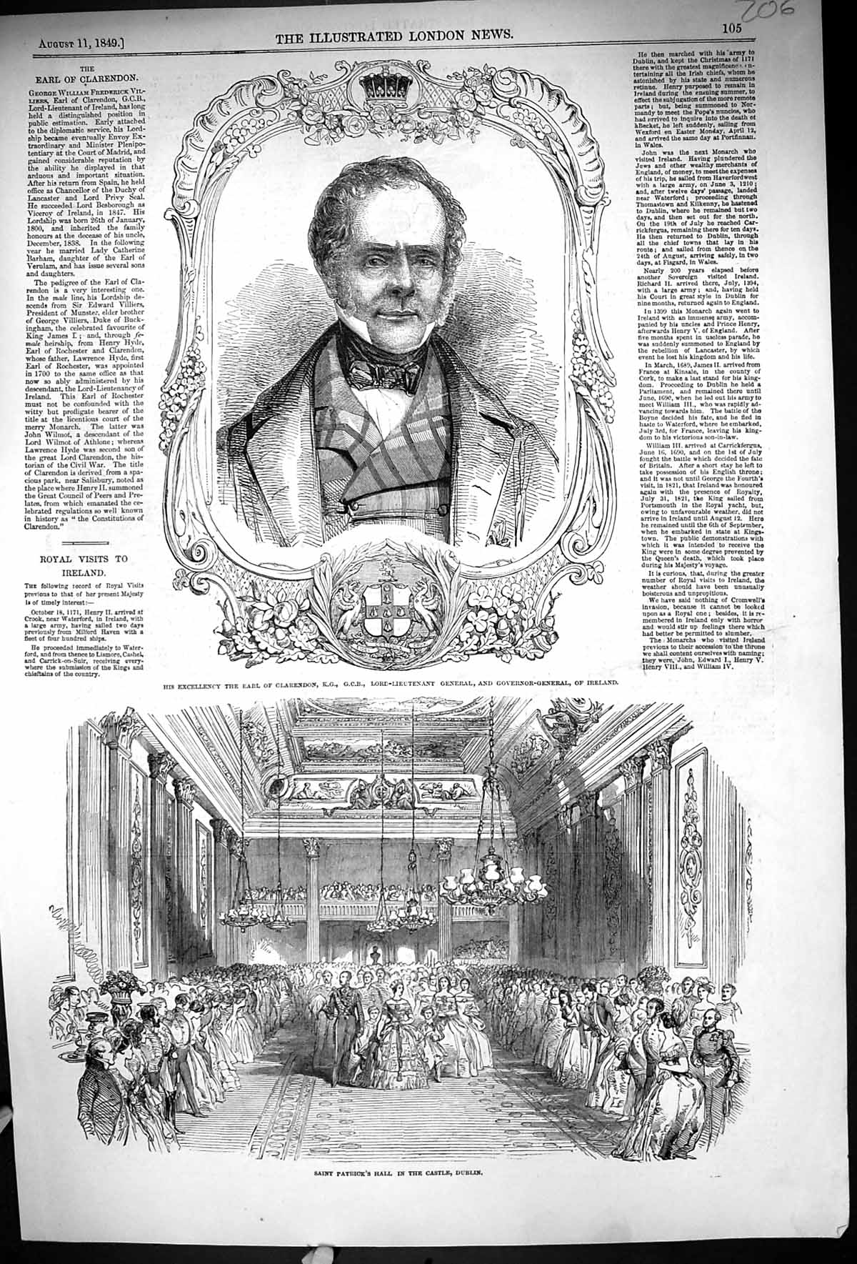 Old 1849 Earl Clarendon General Ireland Saint Patrick'S Hall Castle D 19th