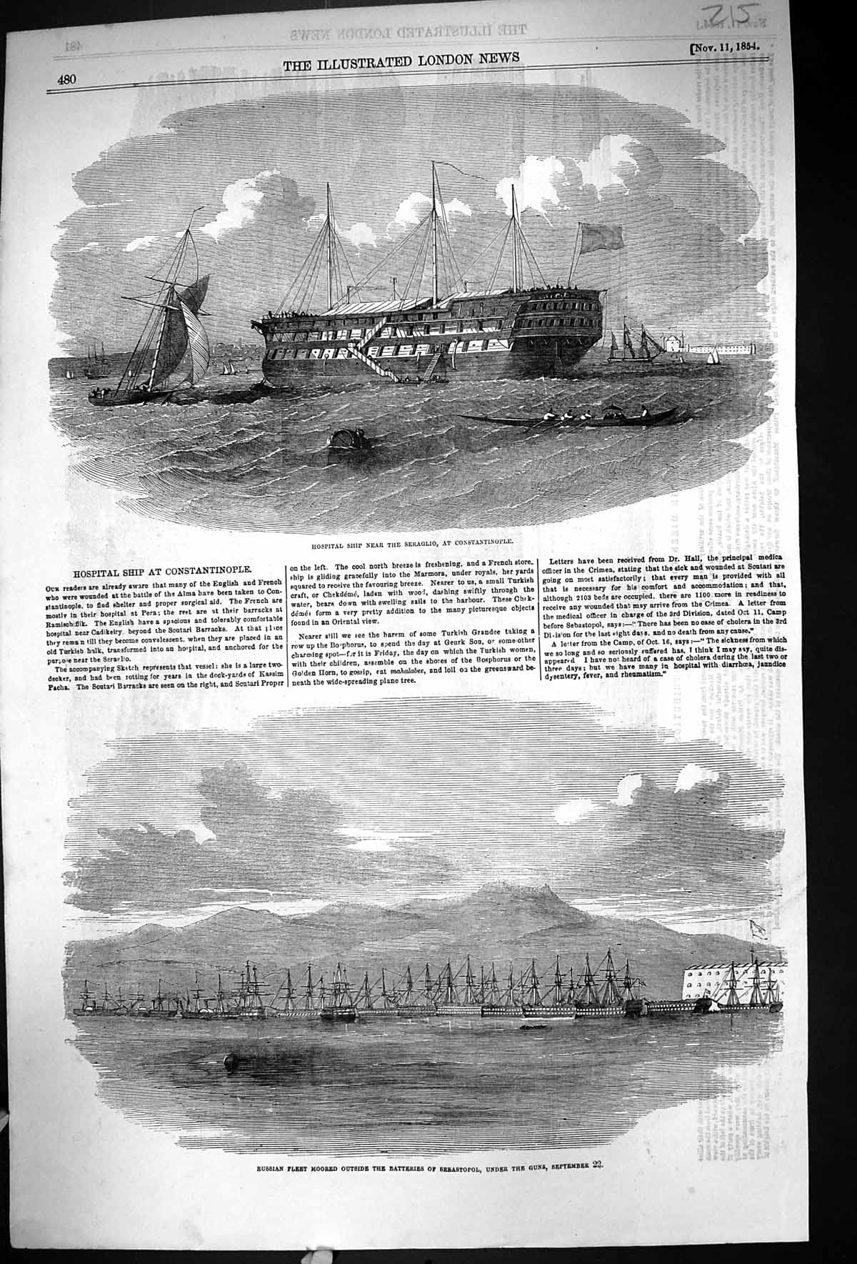 Old 1854 Hospital Ship Seraglio Constantinople Russian Ships Sebastop 19th