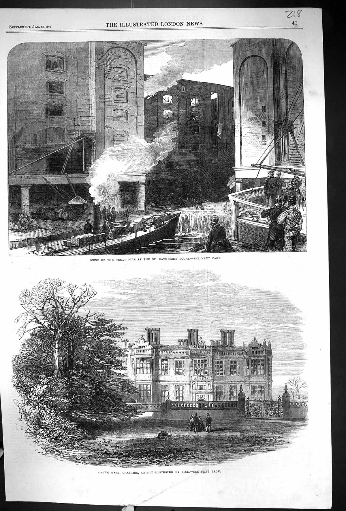Old Print 1866 Fire Katherine Docks Crewe Hall Cheshire GCross Chain Bu 19th