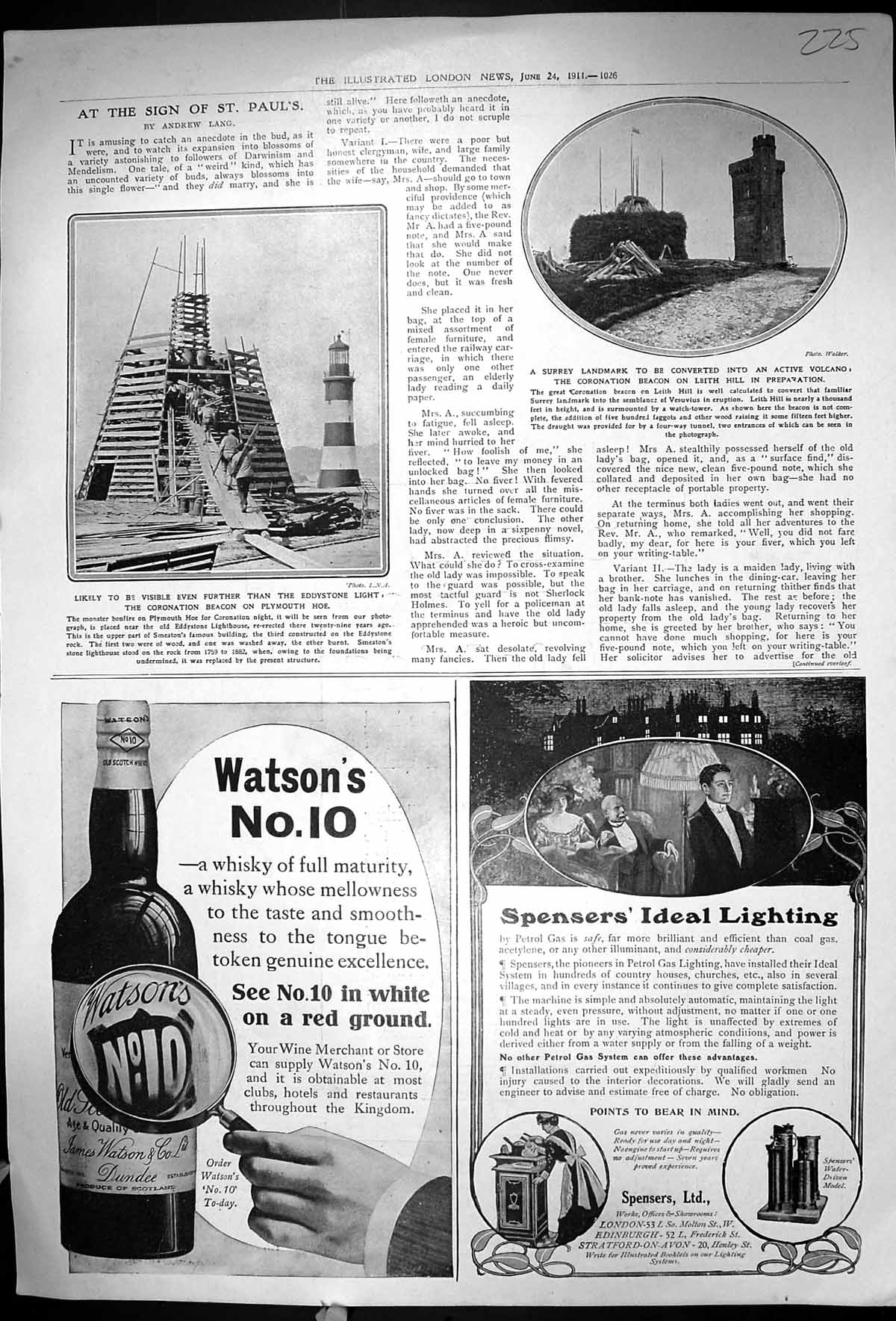Antique Old Print 1911 Coronation Beacon Plymouth Hoe Leith Ireland Whisky