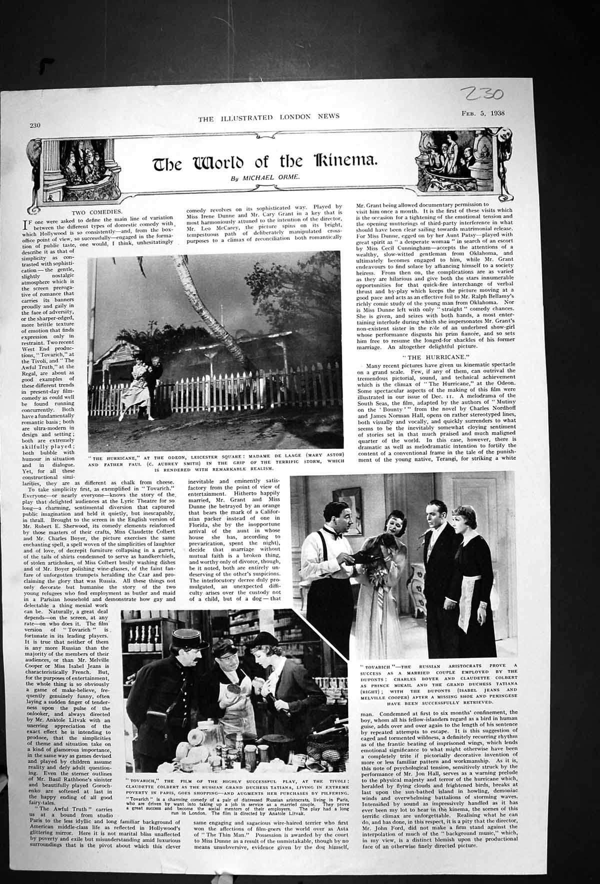 Old 1938 Hurricane Odeon Cinema Tovarich Boyer Cooper Tivoli Gilbert 20th