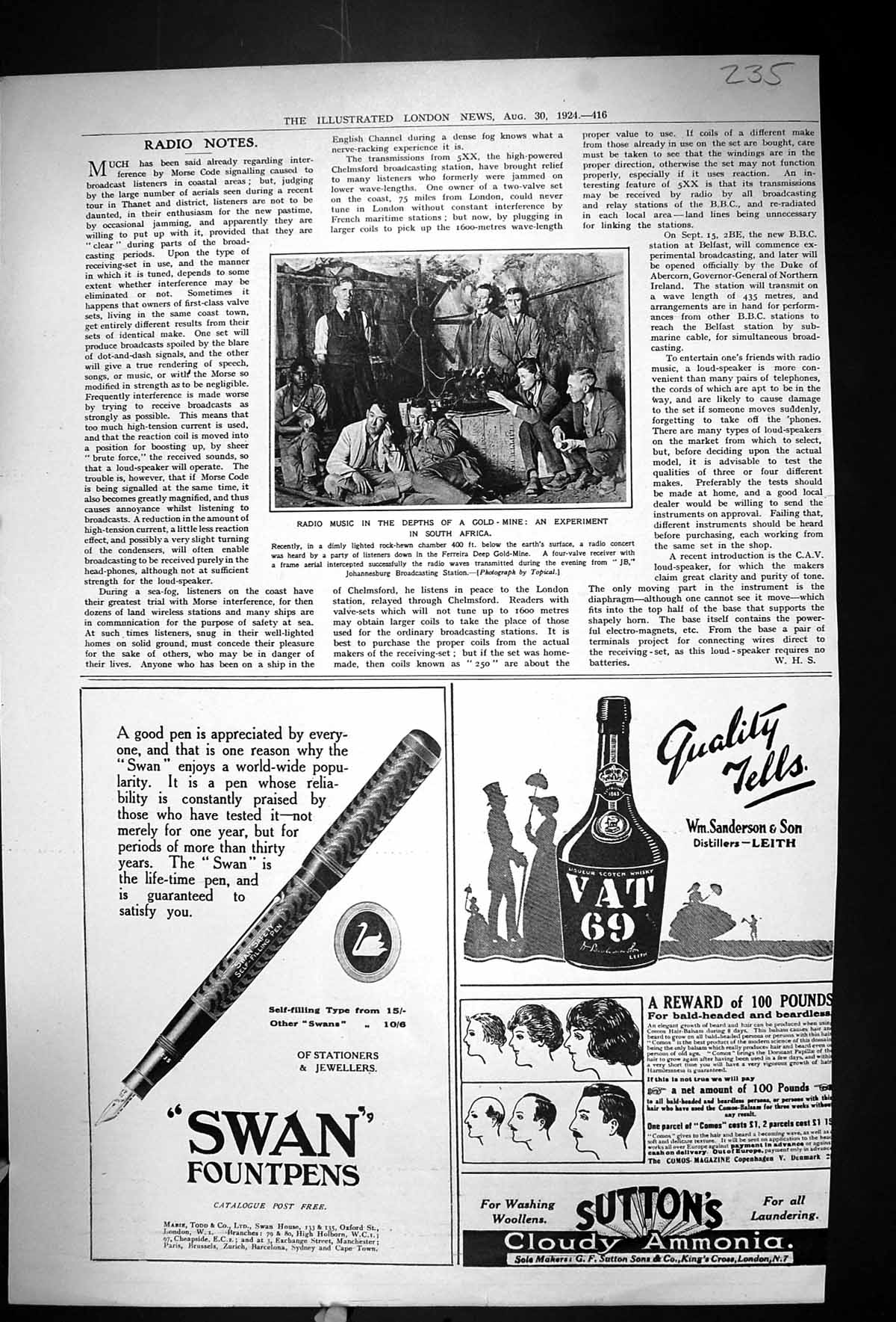Old Print 1924 Radio Music GMining Africa Swan Fountain Pen Vat 69 Whis 20th