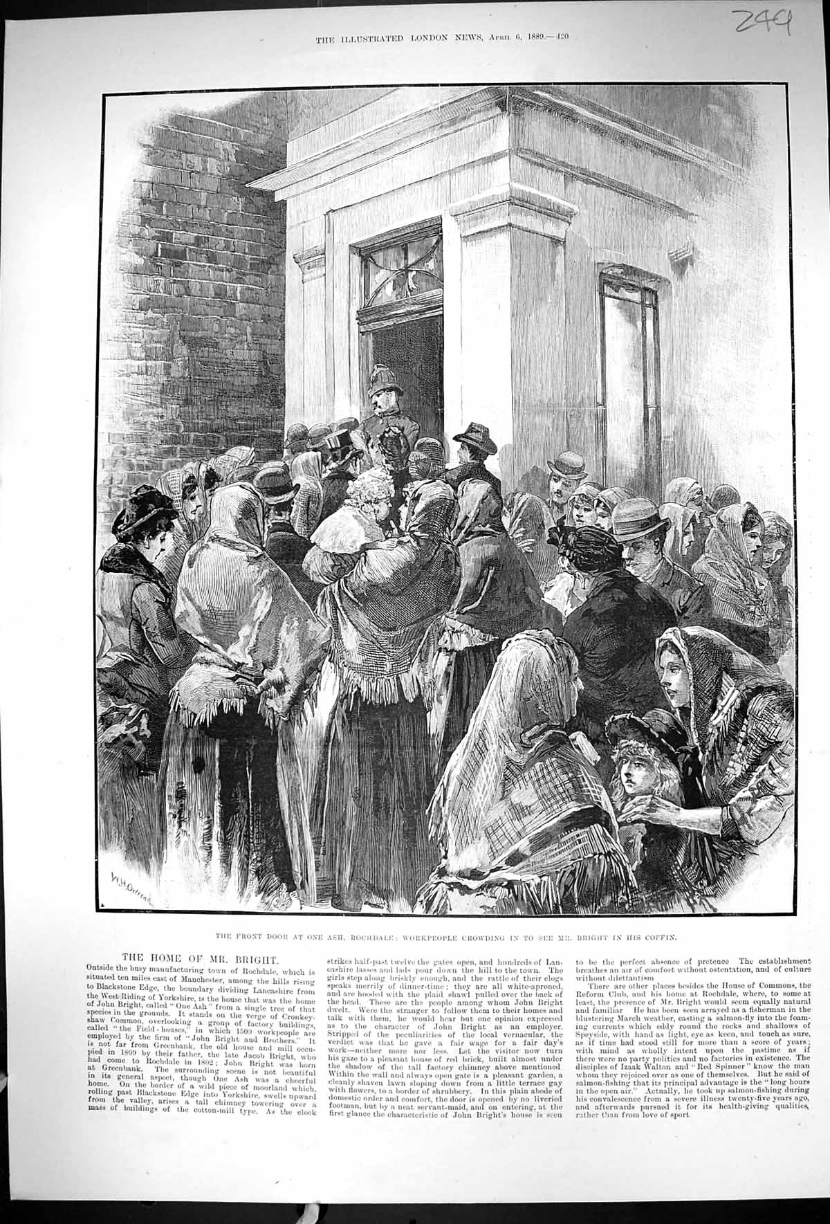 Old Print 1889 Front Door One Ash Rochdale Workpeople Mr. Bright Coffin 19th