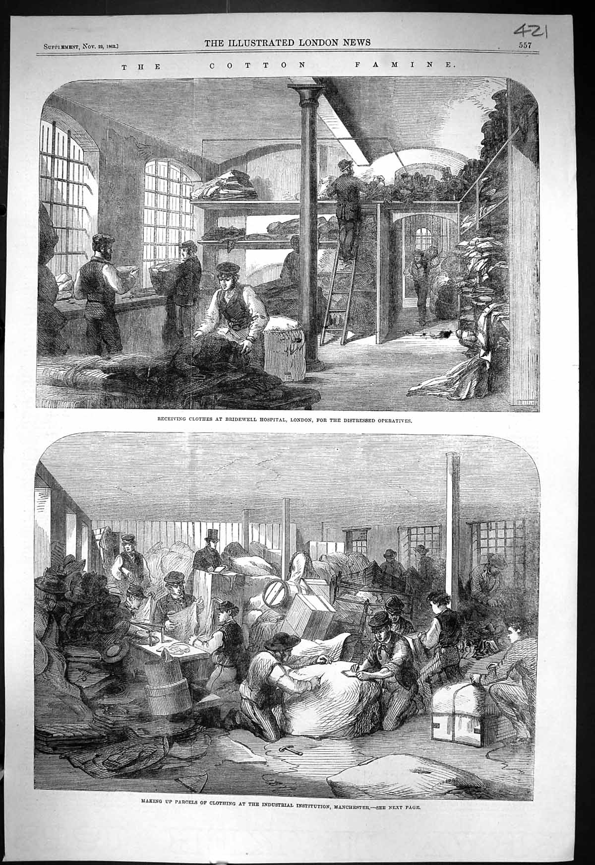 Old 1862 Cotton Famine Bridewell Hospital London Manchester Provident Victorian