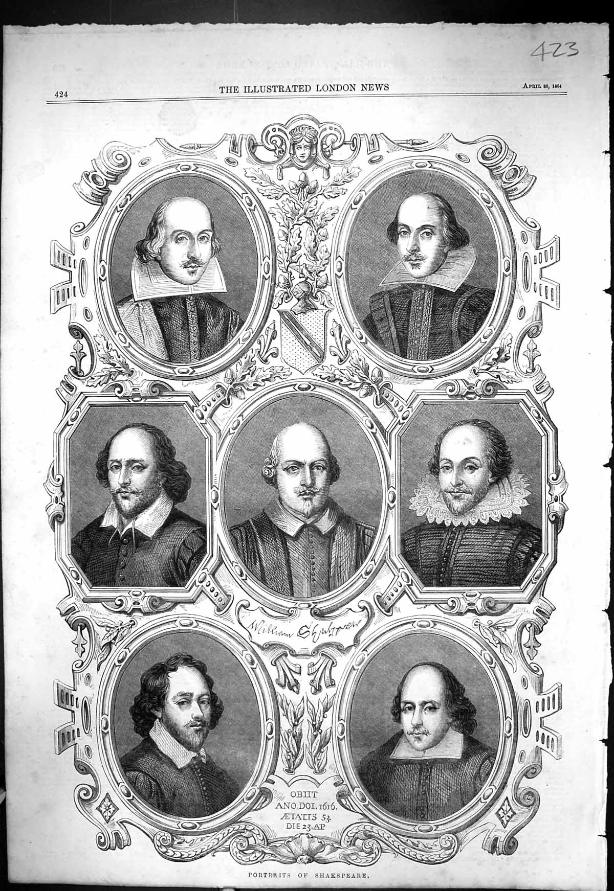 Original Old Antique Print 1864 Portrait William Shakspeare Sheet Will 19th