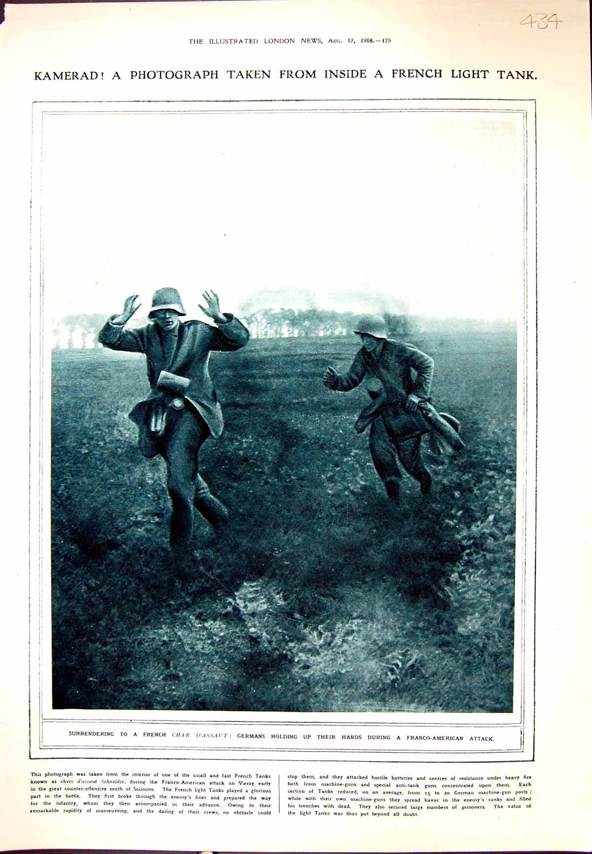 Old Print 1918 War Surrender French Char D'Assaut German Siers Gotha Bom 20th