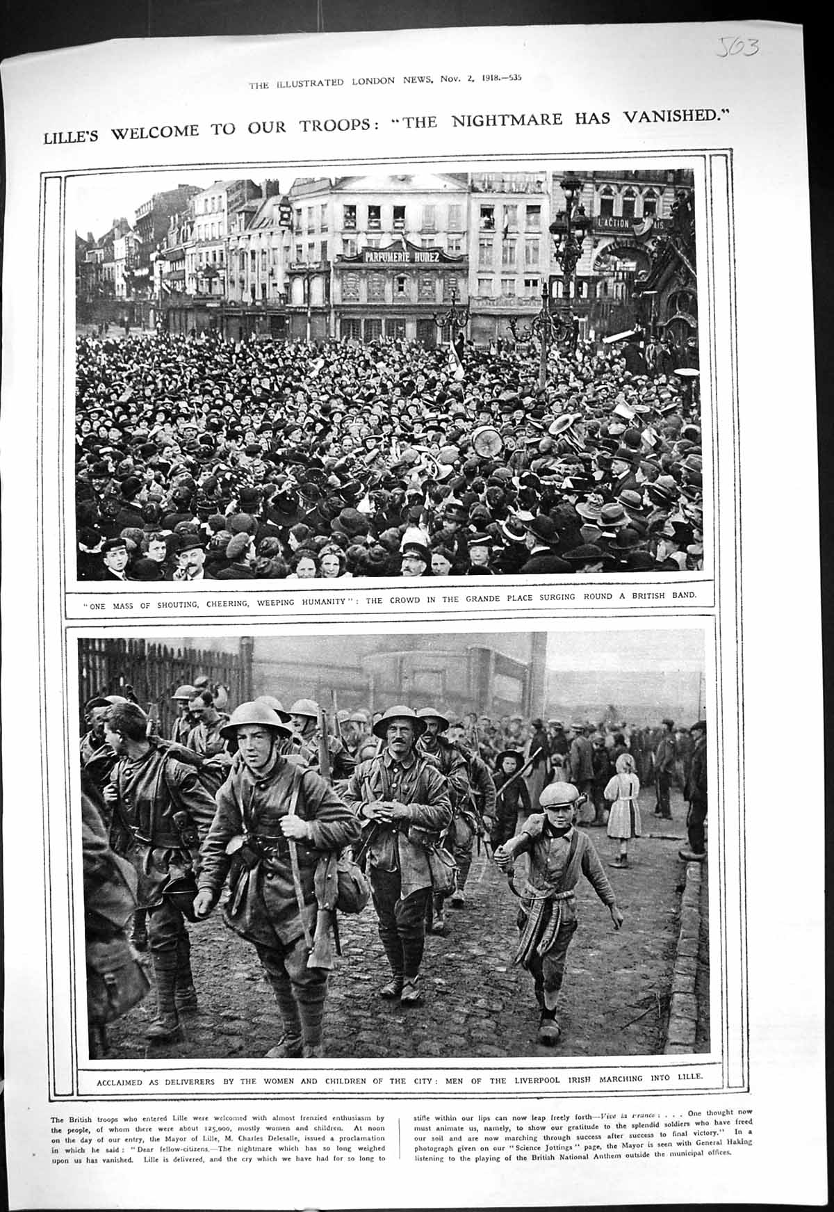 Old Print 1918 War Siers Grande Place Liverpool Irish Lille Italian Torp 20th