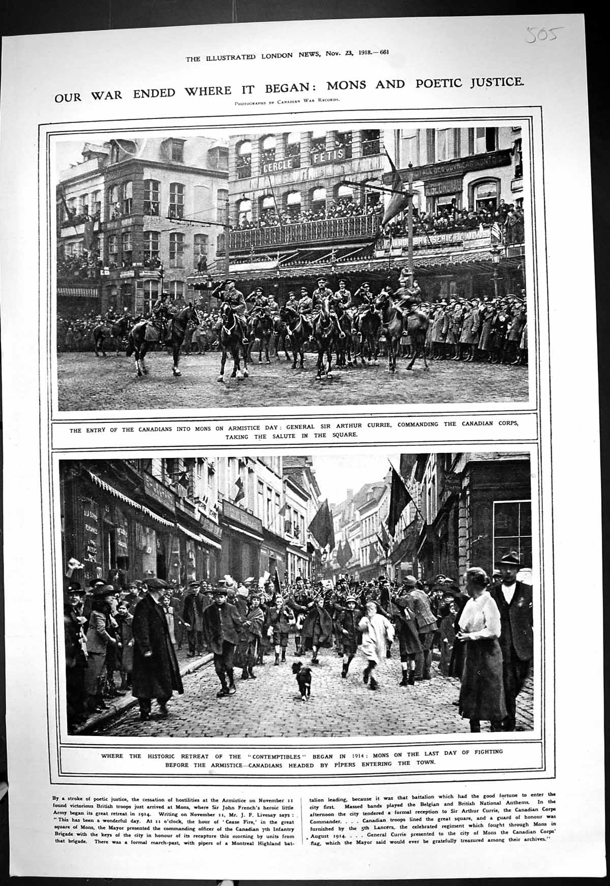 Old Print 1918 Canada Siers General Arthur Currie Armistice American Cam 20th