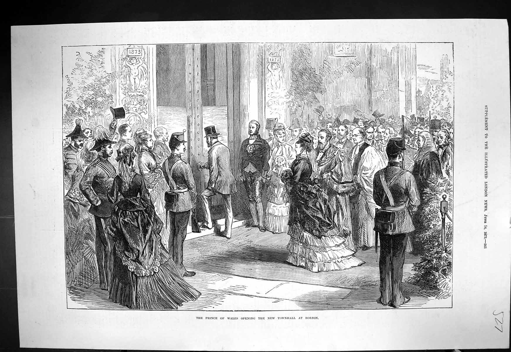 Antique Old Print 1873 Royal Visit Prince Wales Opening Townhall Bolton Key