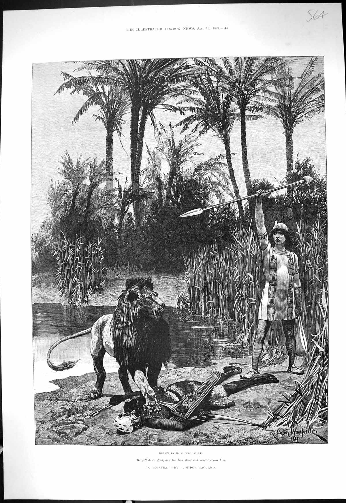 Antique Print 1889 Cleopatra Lion Dead Man Fine Art Woodville Rider Haggard